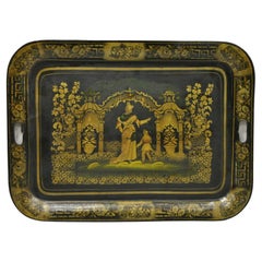 Antique French Country Tole Metal Black Gold Garden Scene Platter Tray