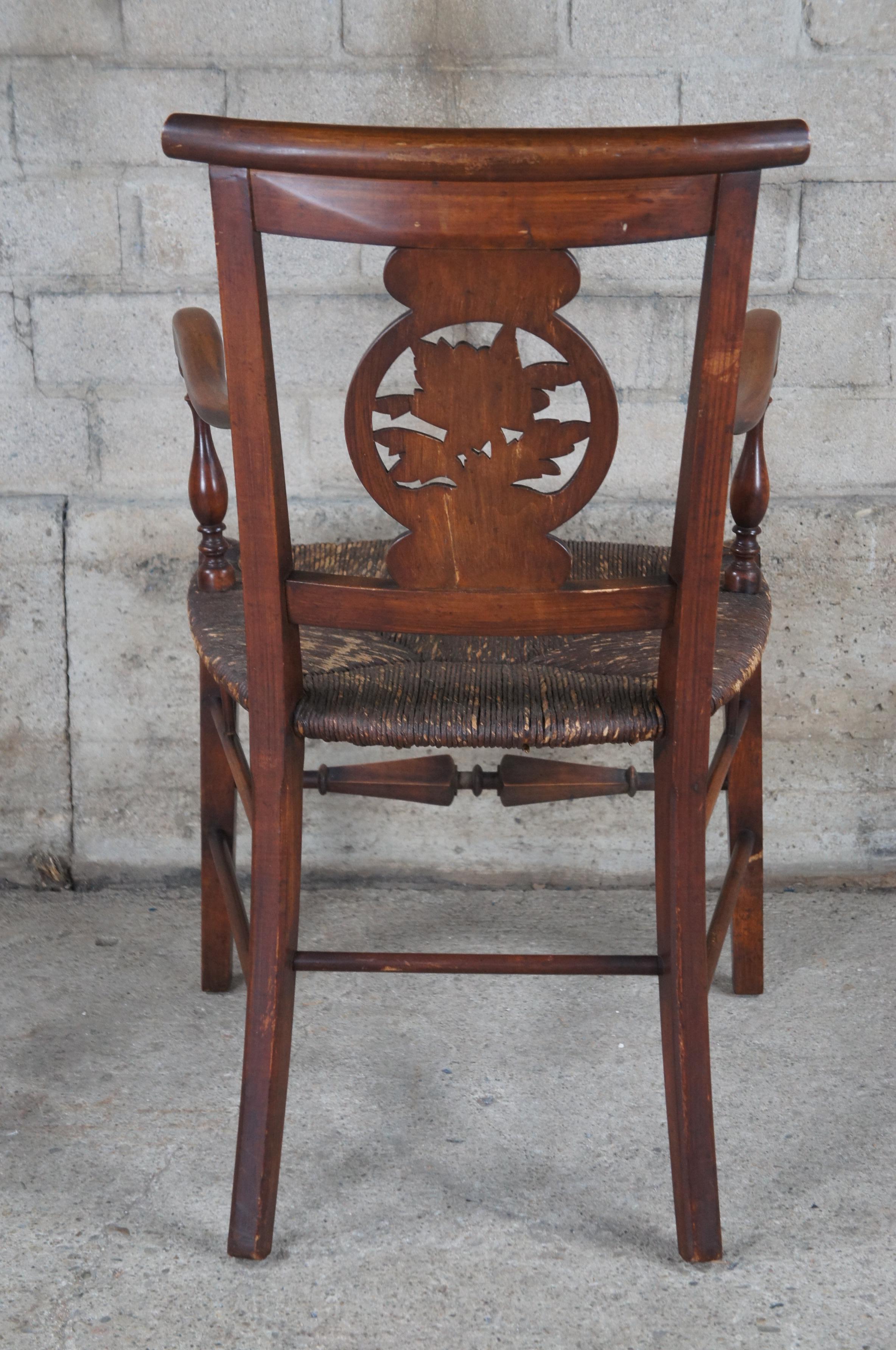 Antique French Country Walnut Carved Fireside Arm Chair Woven Rush Seat Floral  For Sale 1