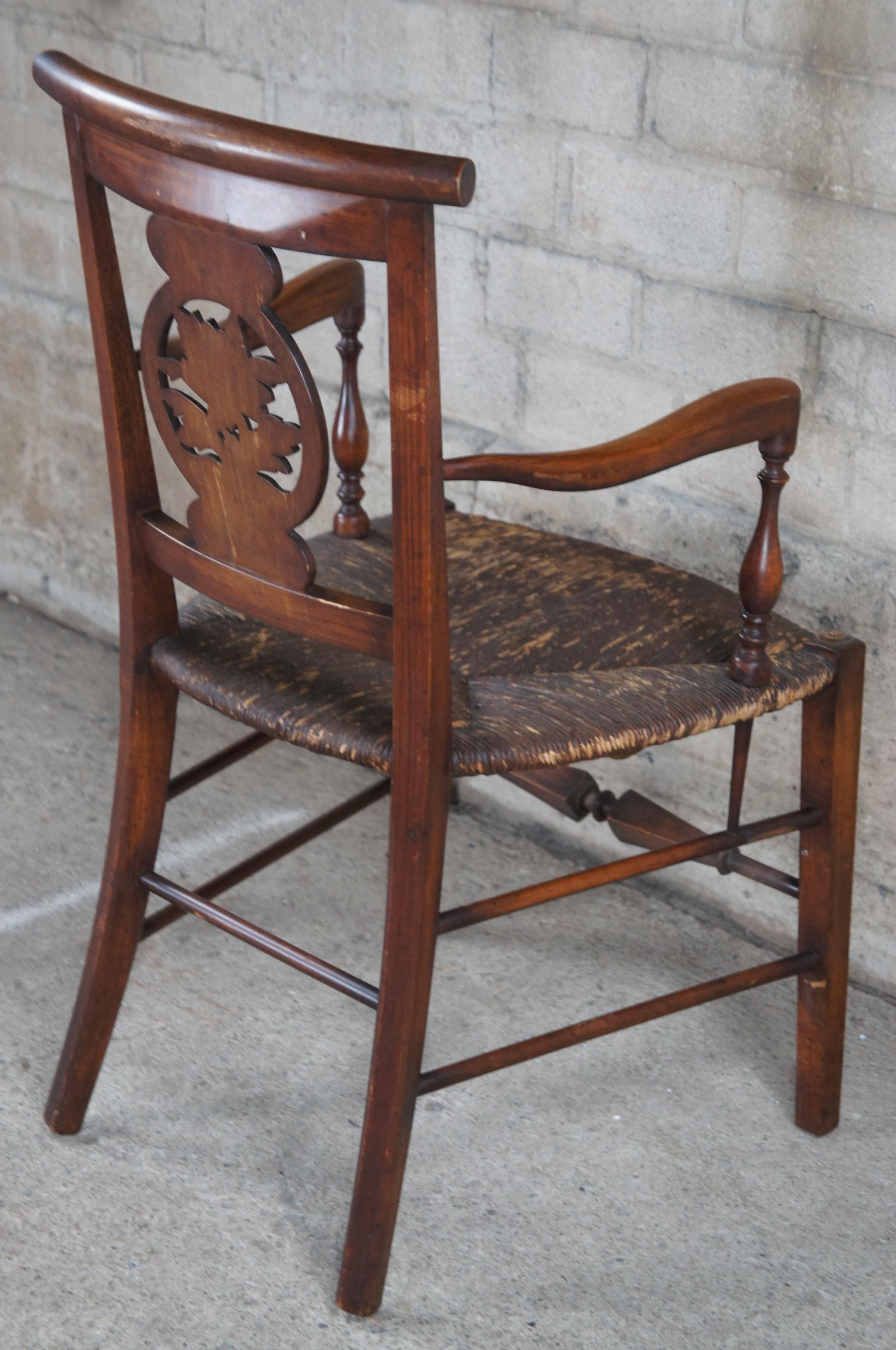 Antique French Country Walnut Carved Fireside Arm Chair Woven Rush Seat Floral  For Sale 2