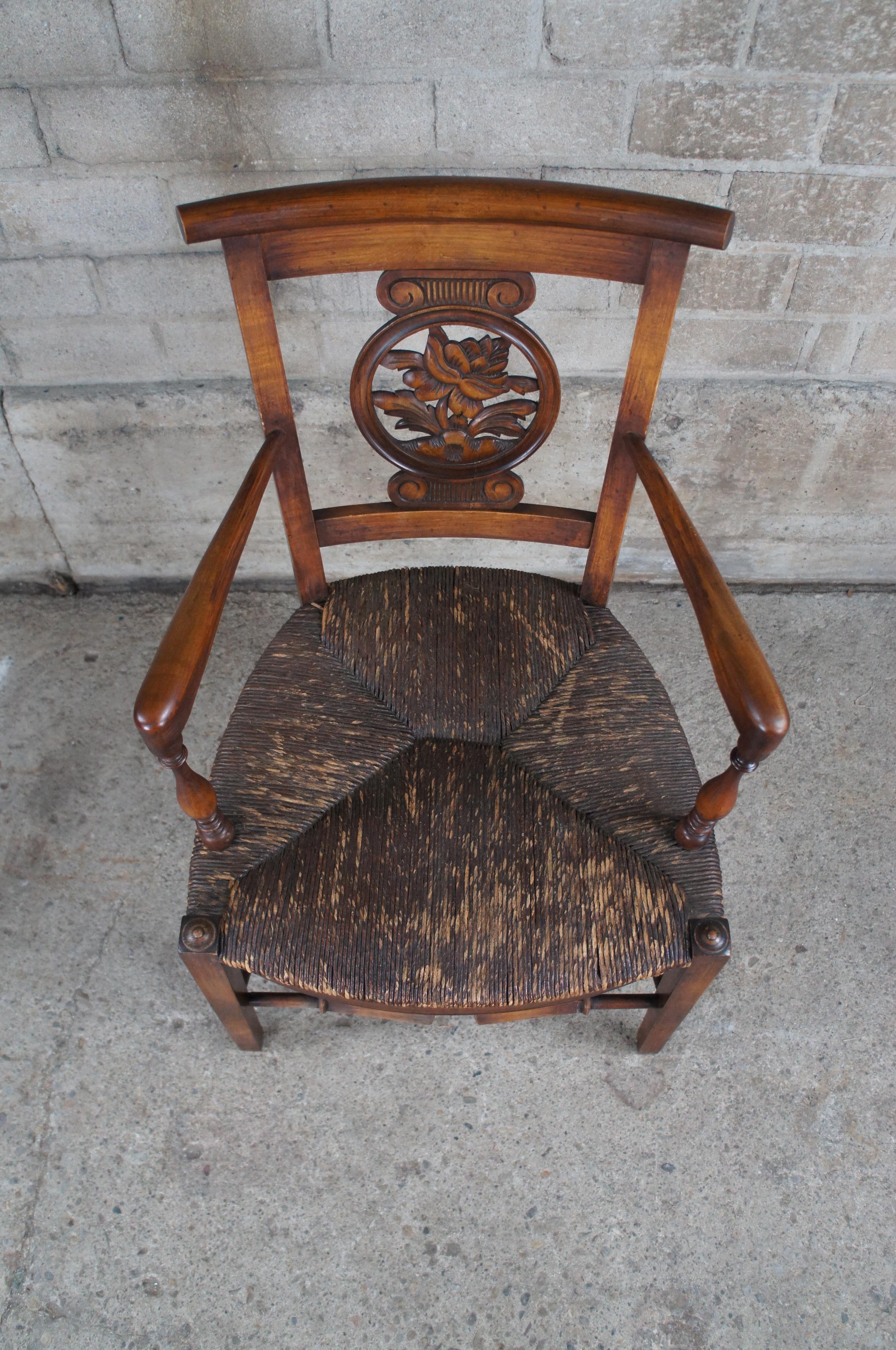 Antique French Country Walnut Carved Fireside Arm Chair Woven Rush Seat Floral  For Sale 3