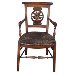 Antique French Country Walnut Carved Fireside Arm Chair Woven Rush Seat Floral 
