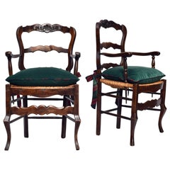 Antique French Country Walnut Rush Seat Arm Chairs