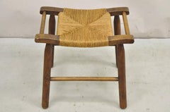 Antique French Country Walnut Woven Rush Cord Seat Footstool Ottoman