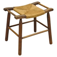 Antique French Country Walnut Woven Rush Cord Seat Footstool Ottoman