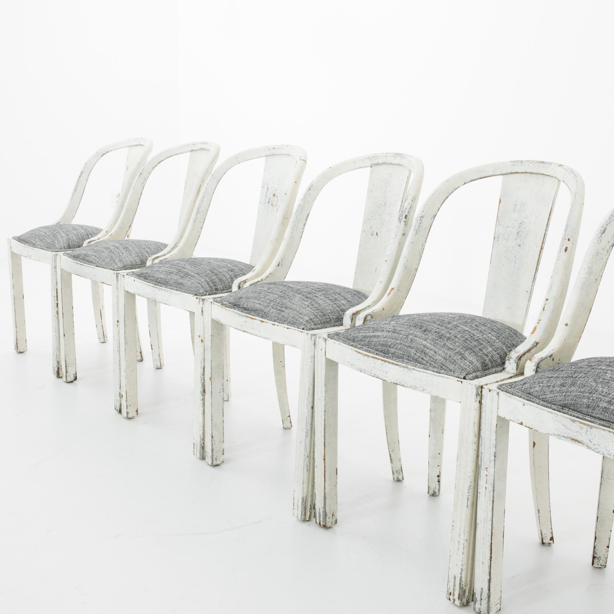 Early 20th Century Antique French Country White and Grey Dining Chairs, Set of Six