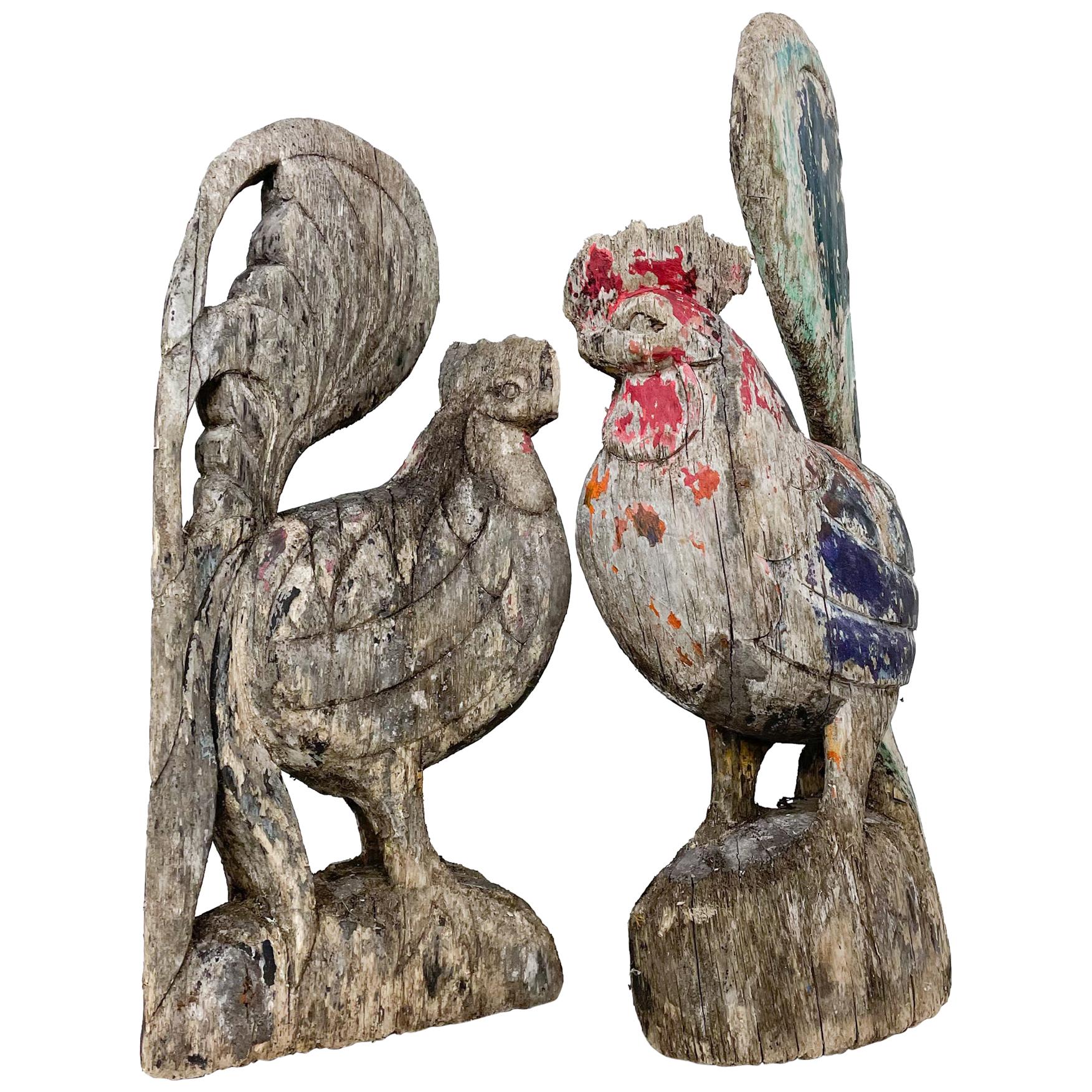 Antique French Country Wooden Rooster Sculptures