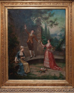 Antique French Courting Scene Oil Painting by David Morin in Gilded Wood Frame