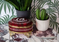 Antique French Cranberry Glass Enamelled Box with Gnome and Girl