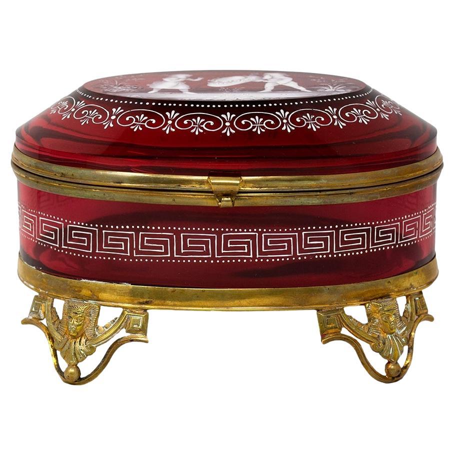 Antique French Cranberry Glass Enamelled Box with Gnome and Girl