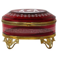 Antique French Cranberry Glass Enamelled Box with Gnome and Girl
