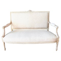 Antique French Cream Painted Settee with Off White Linen Blend Upholstery