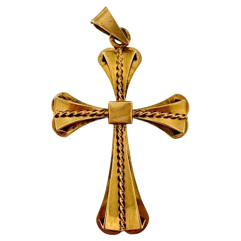 Croix française ancienne en or 18 carats avec motifs en forme de tempête
