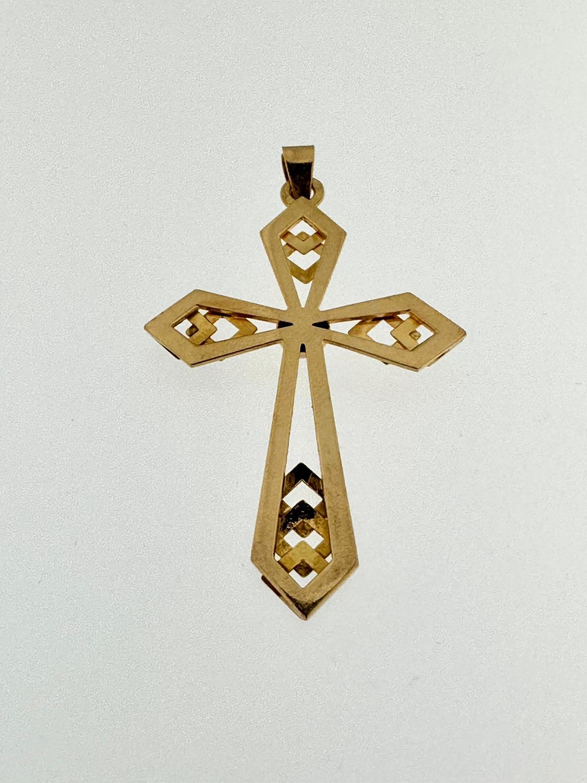 Artisan Antique French Cross with Geometric Motifs 18 Karat Yellow Gold For Sale