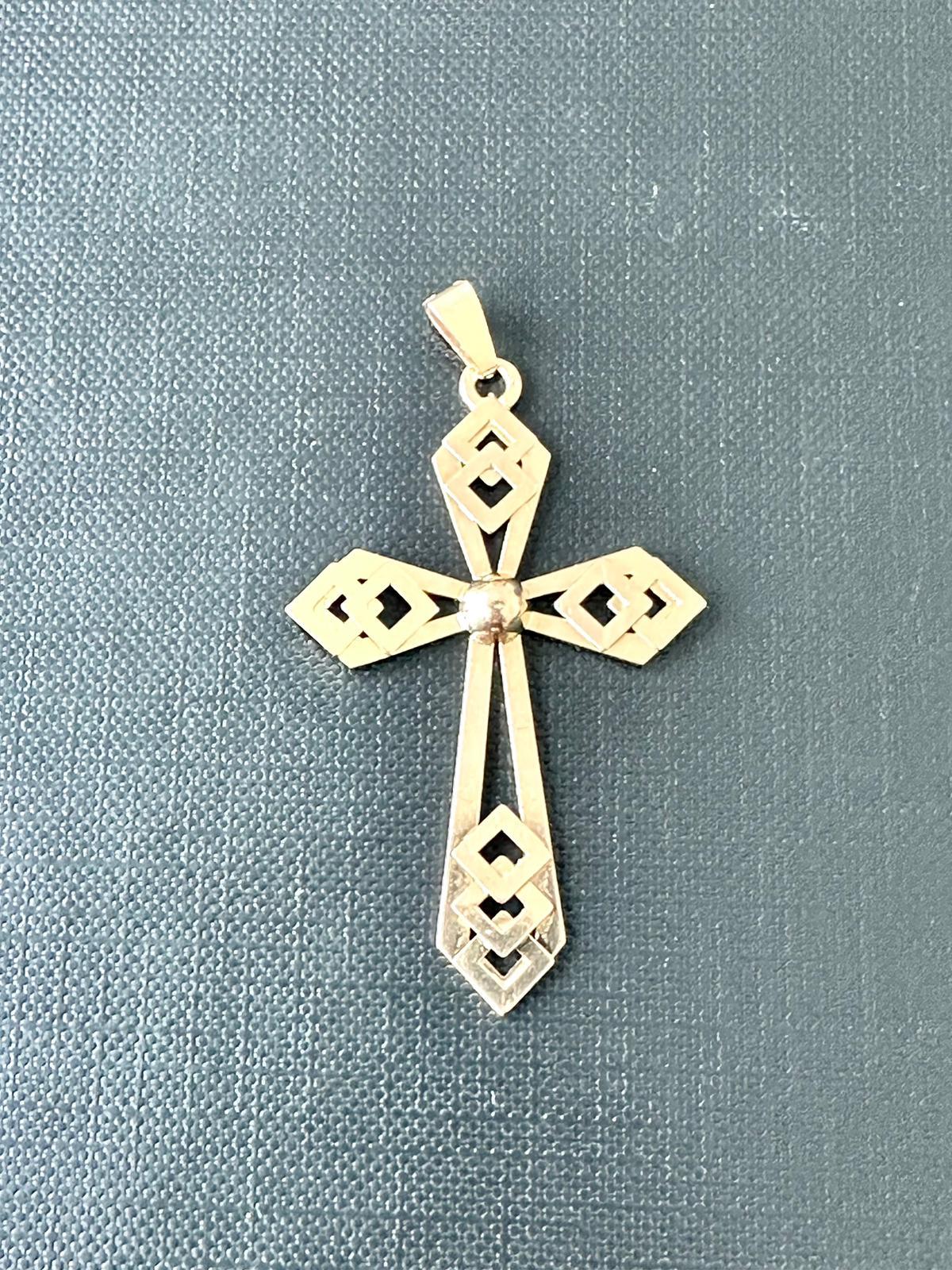 Women's or Men's Antique French Cross with Geometric Motifs 18 Karat Yellow Gold For Sale