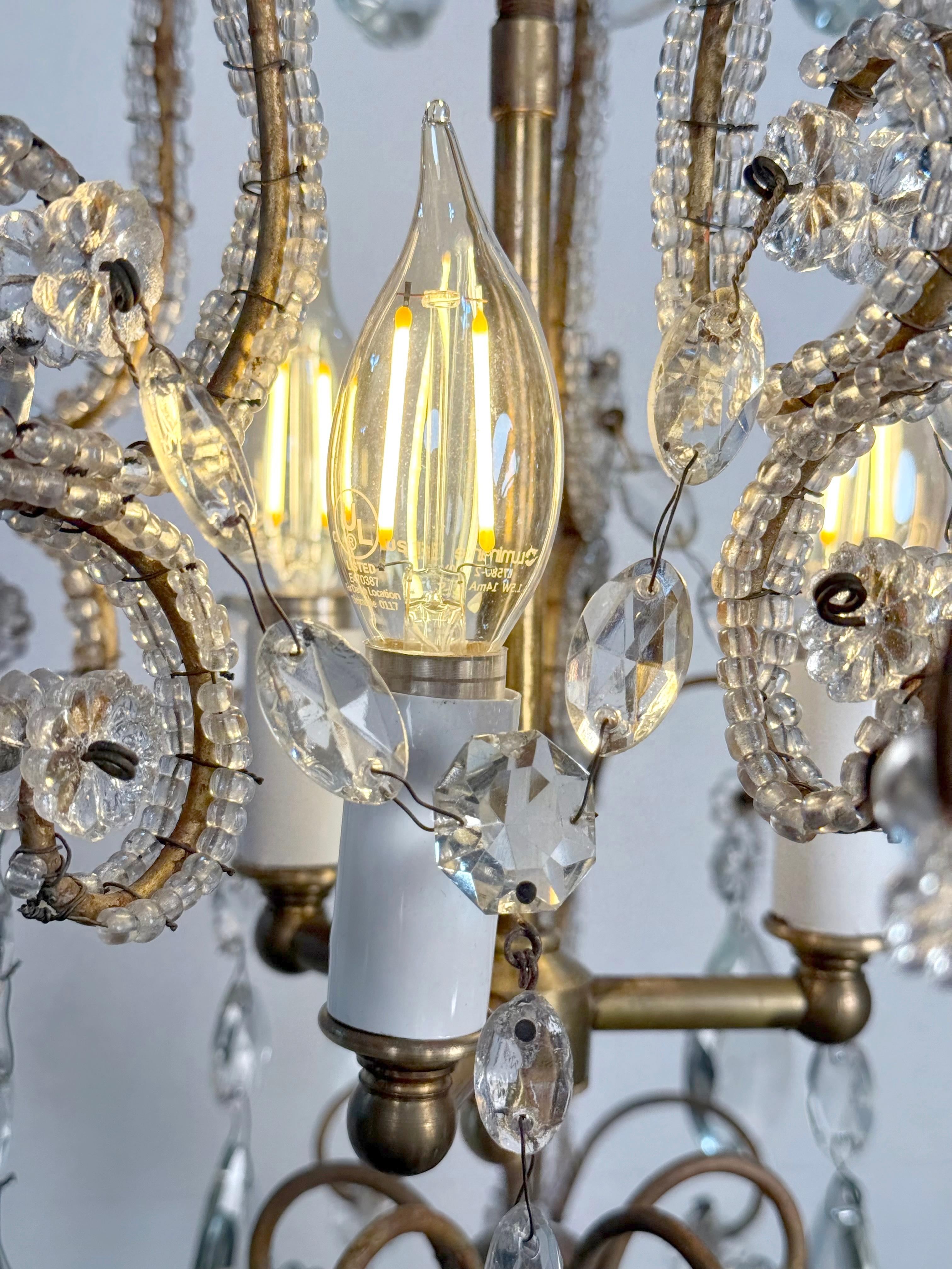 Antique French Crystal 3 Light Chandelier w Floret Details 7
