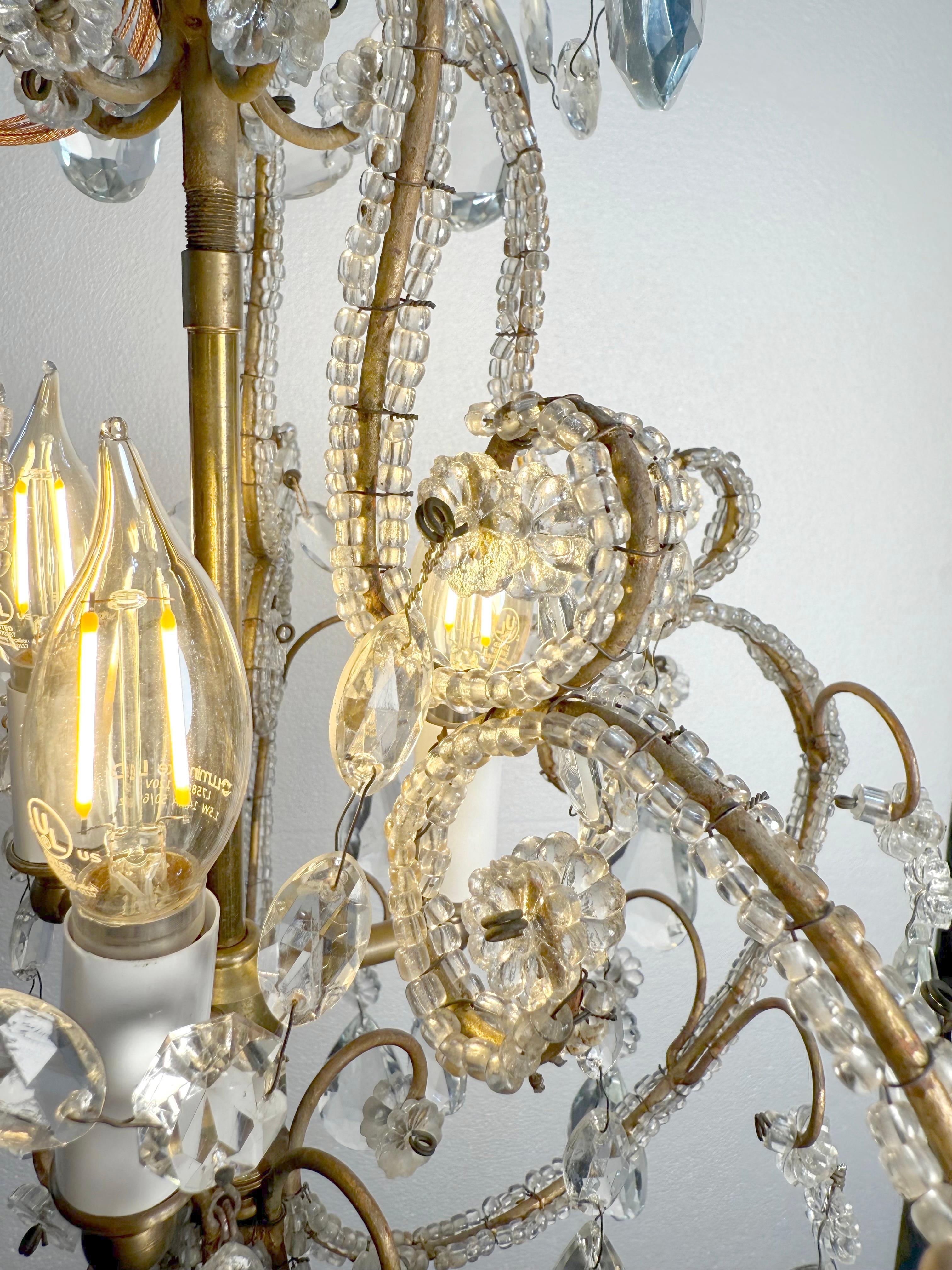 Antique French Crystal 3 Light Chandelier w Floret Details 8