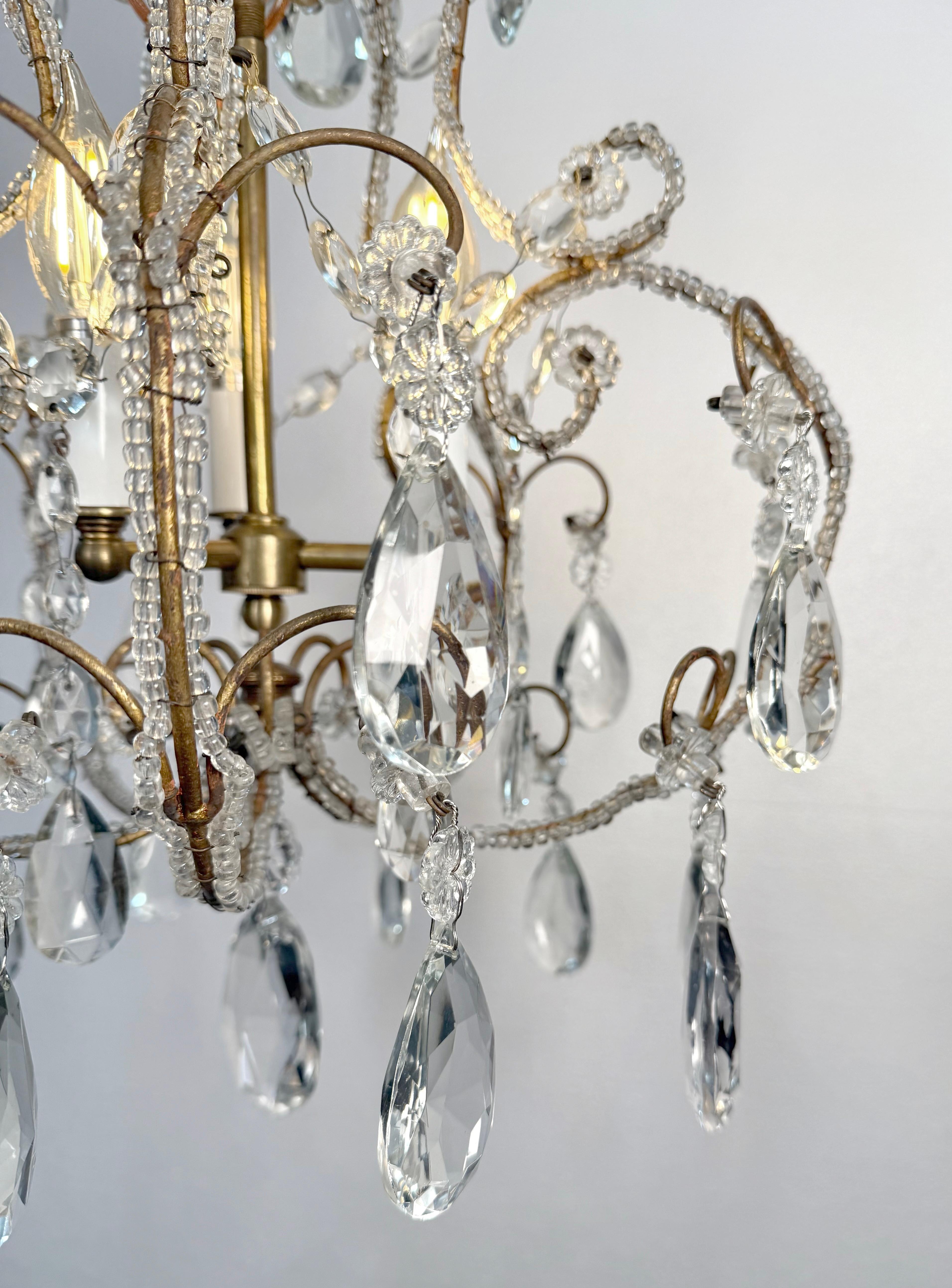 20th Century Antique French Crystal 3 Light Chandelier w Floret Details
