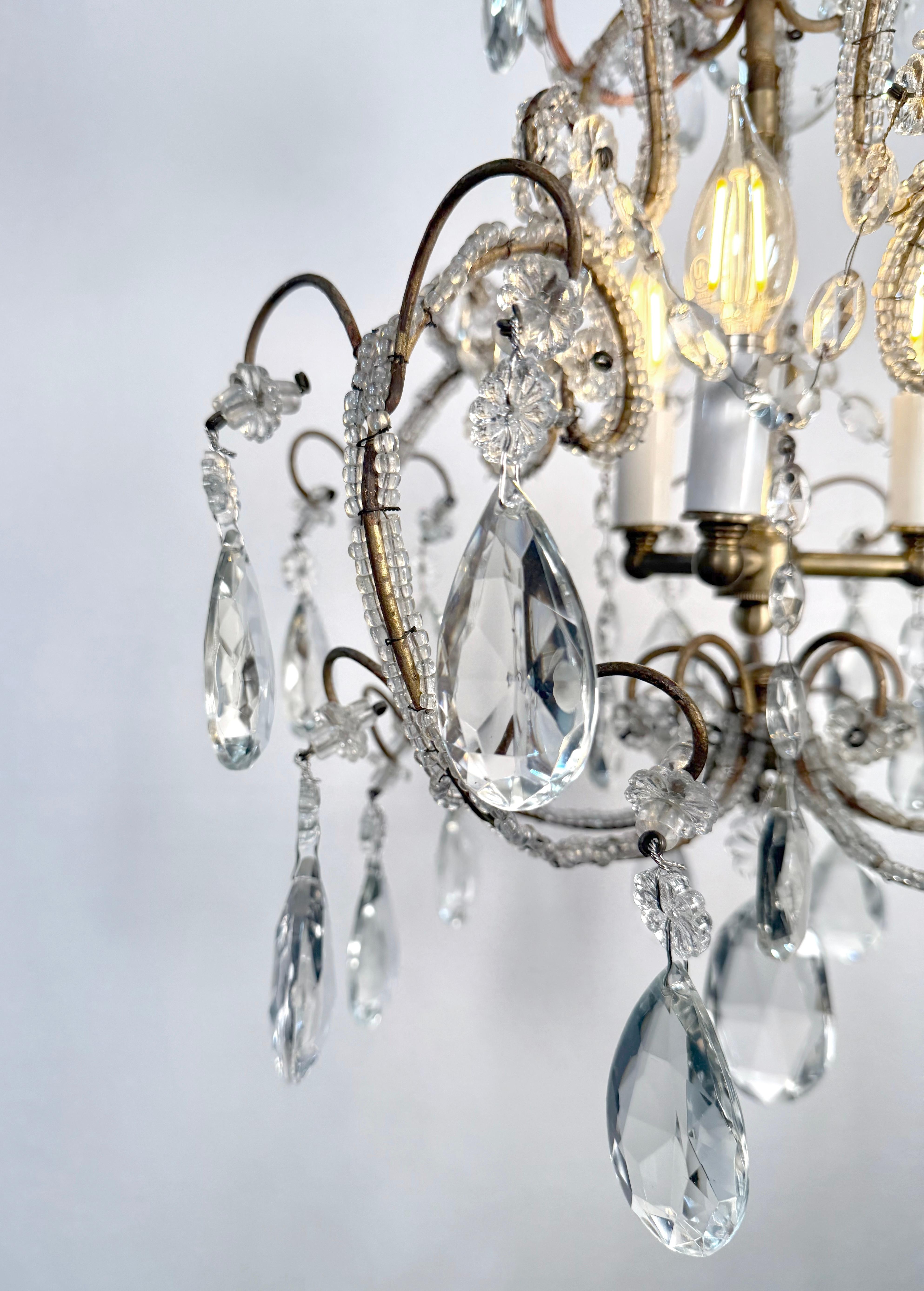 Brass Antique French Crystal 3 Light Chandelier w Floret Details
