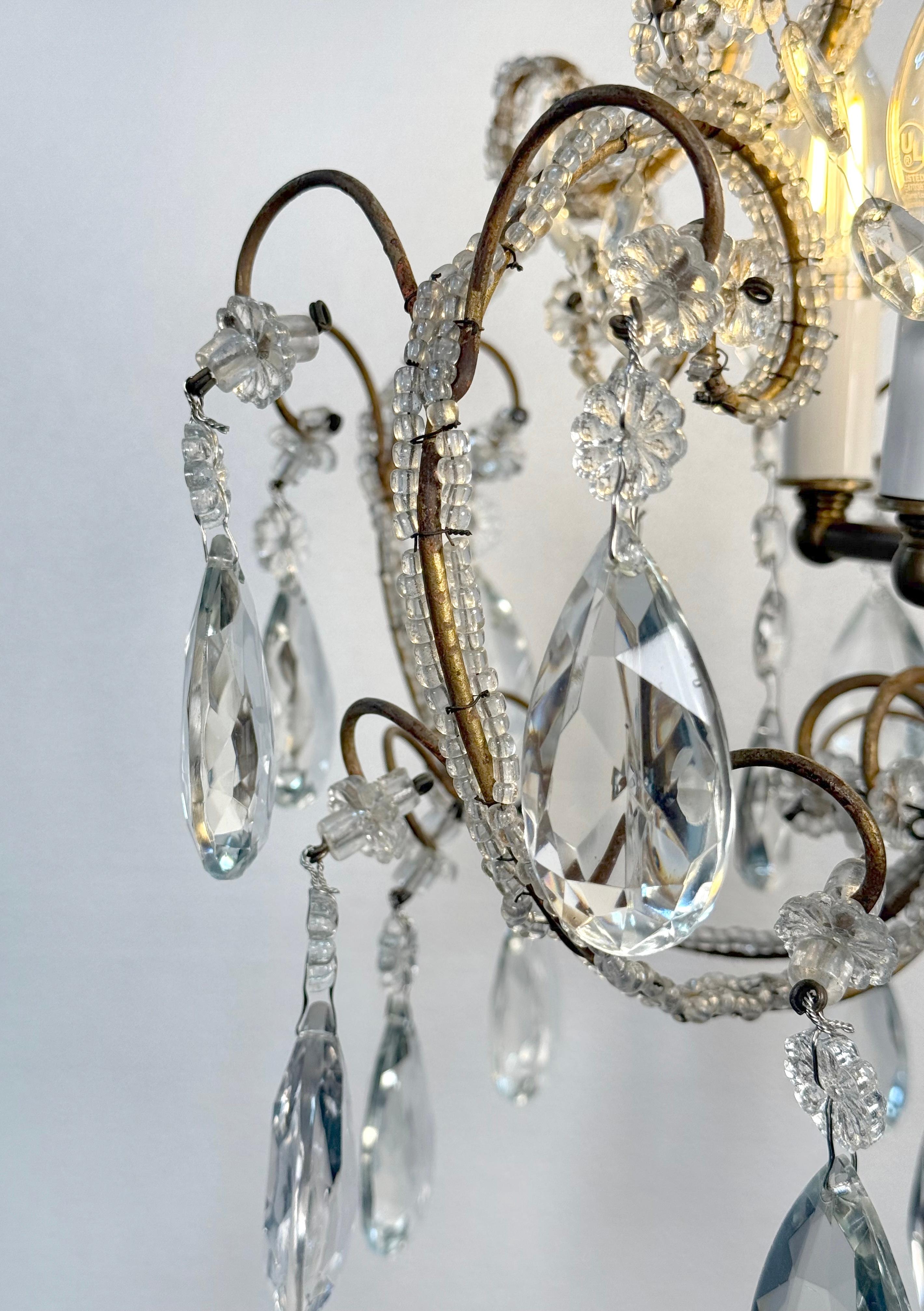 Antique French Crystal 3 Light Chandelier w Floret Details 1