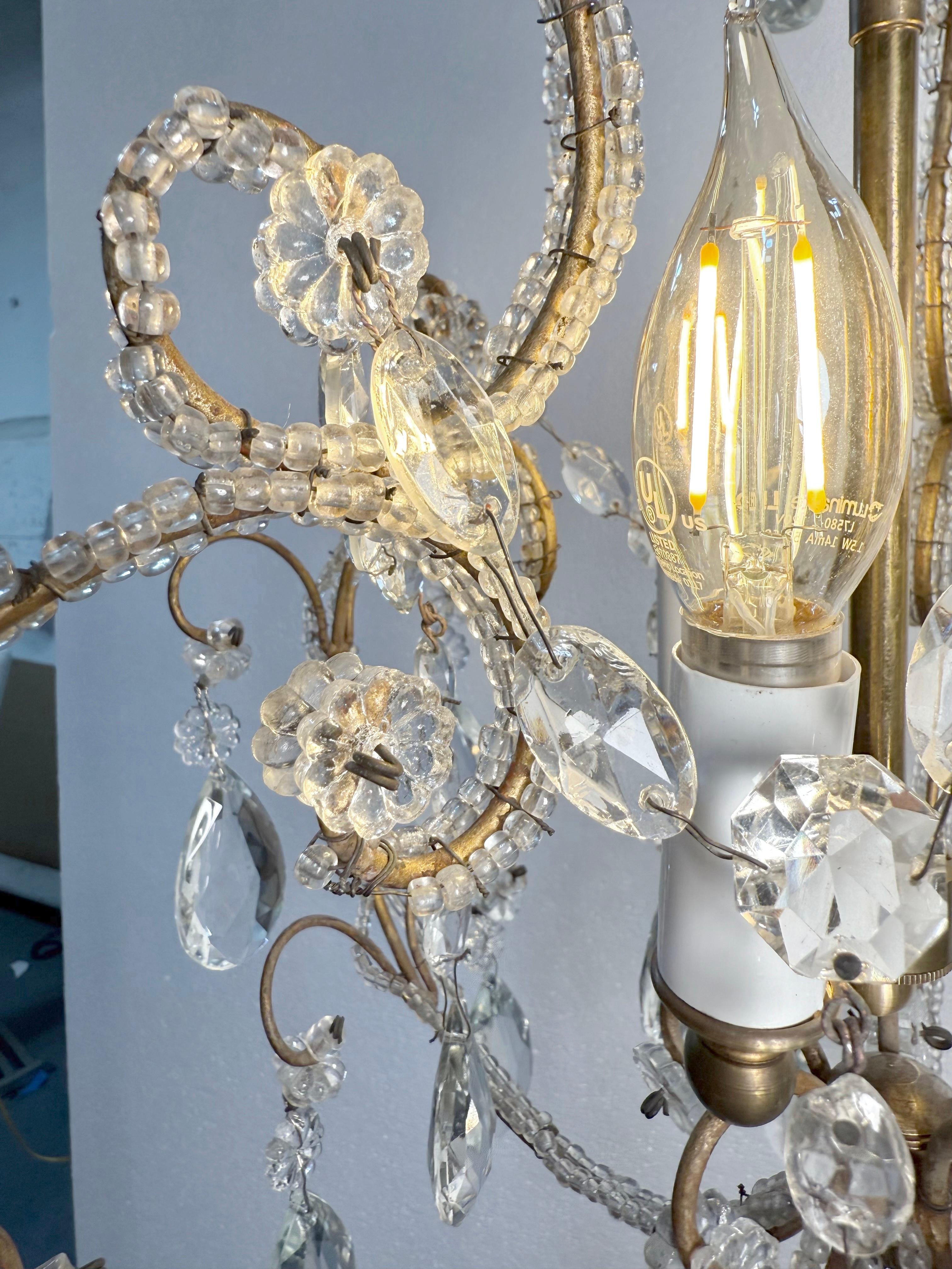 Antique French Crystal 3 Light Chandelier w Floret Details 4
