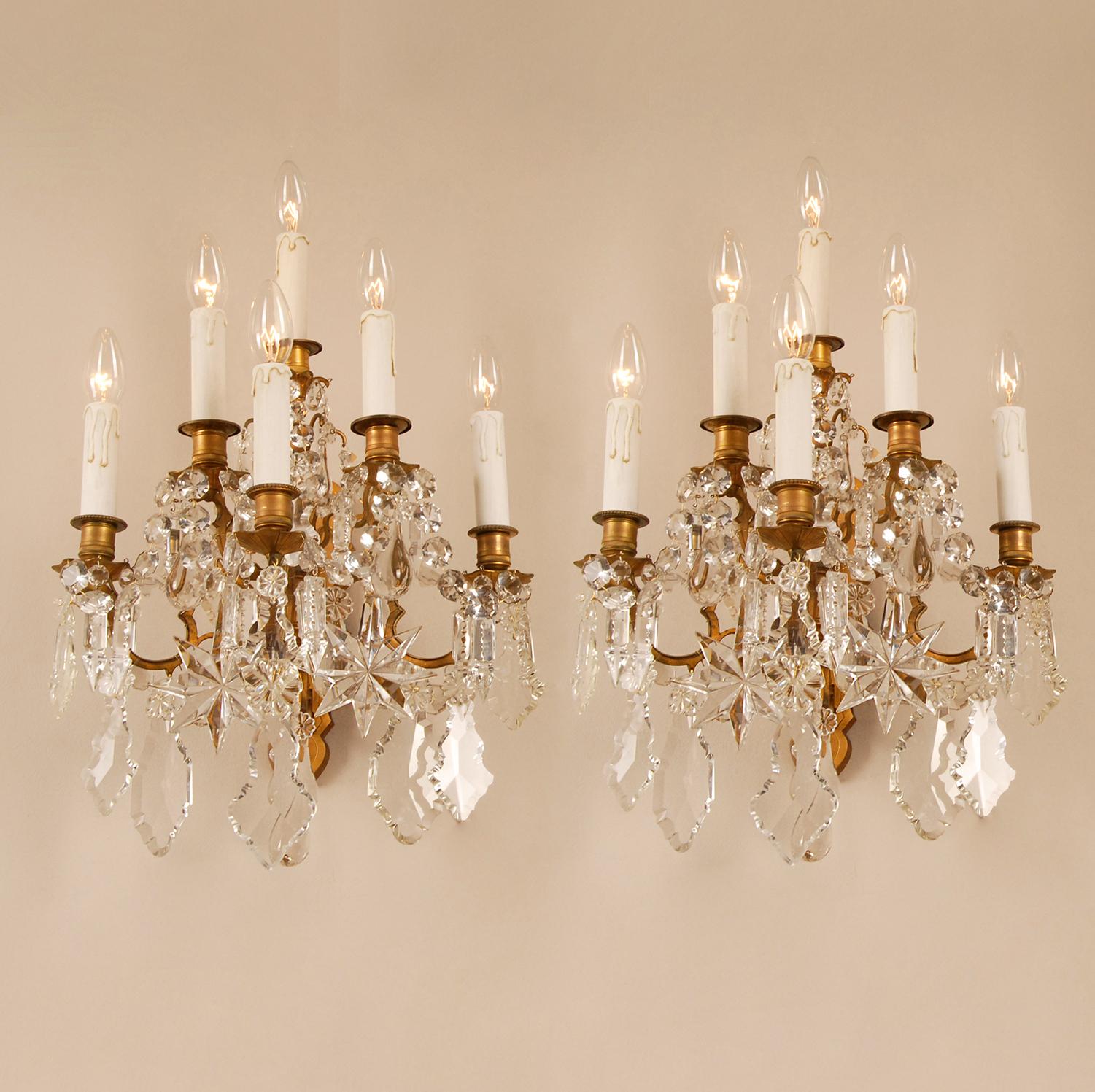 Baccarat Crystal 6 Light Wall Sconces 19th Century Gilt Bronze Antique - a Pair 8