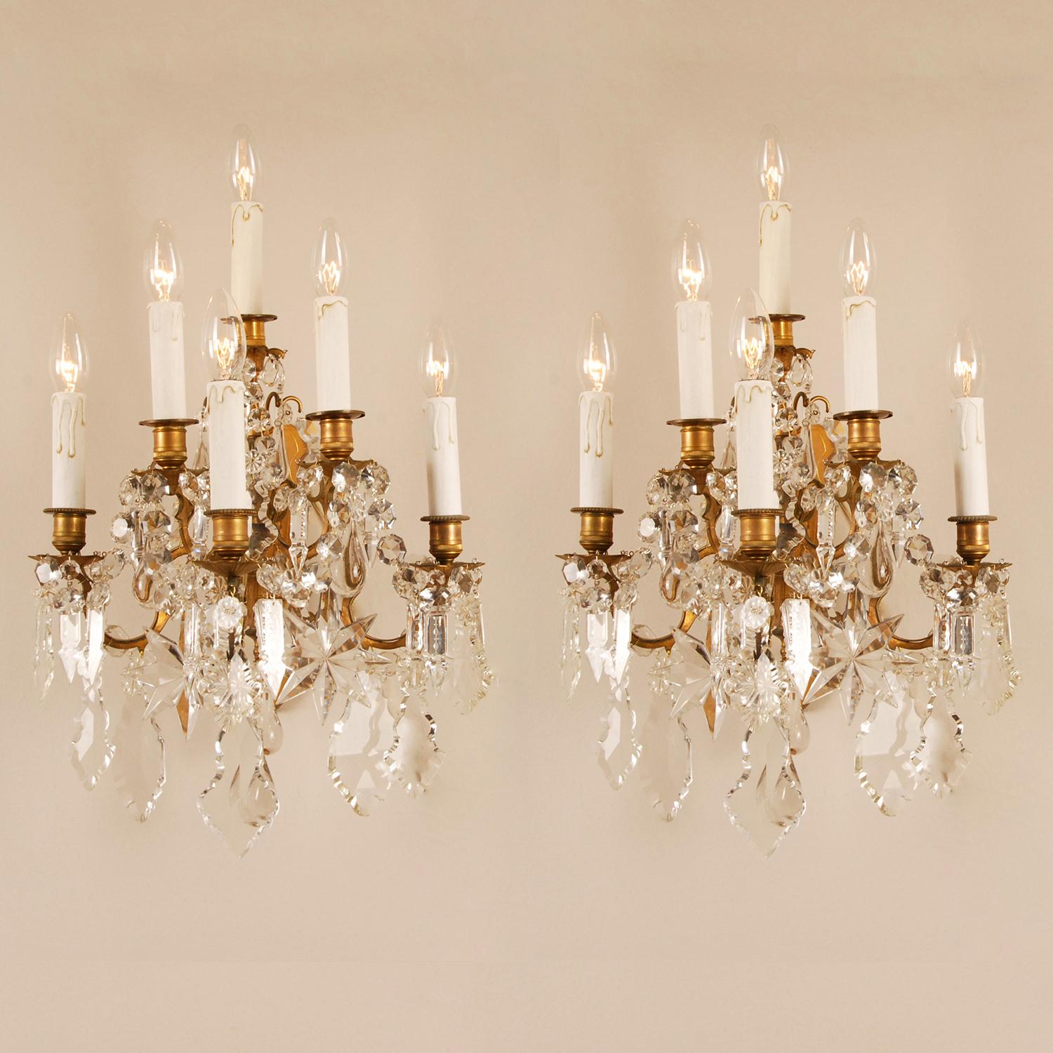 Baroque Revival Baccarat Crystal 6 Light Wall Sconces 19th Century Gilt Bronze Antique - a Pair