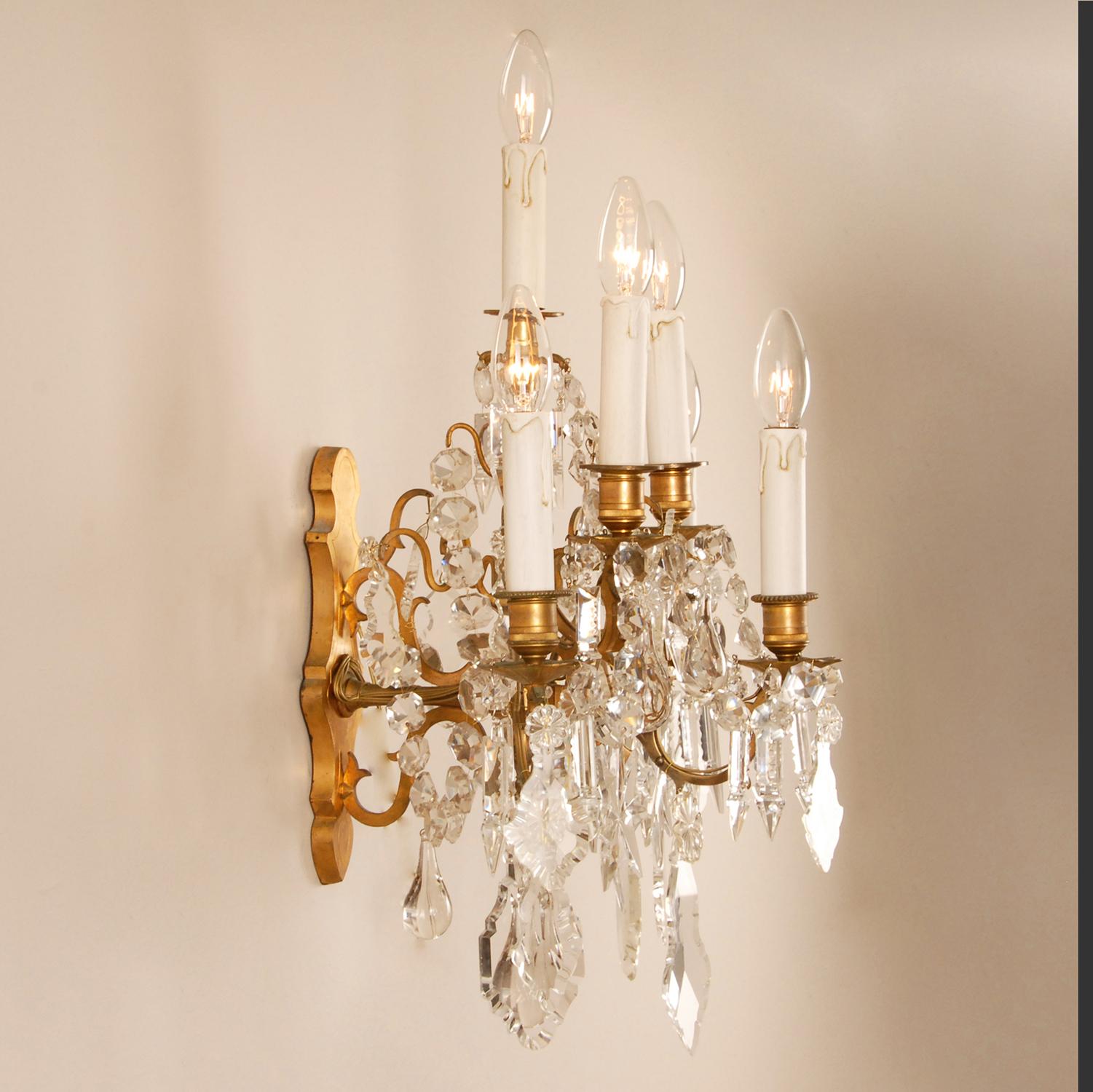 Baccarat Crystal 6 Light Wall Sconces 19th Century Gilt Bronze Antique - a Pair In Good Condition In Wommelgem, VAN