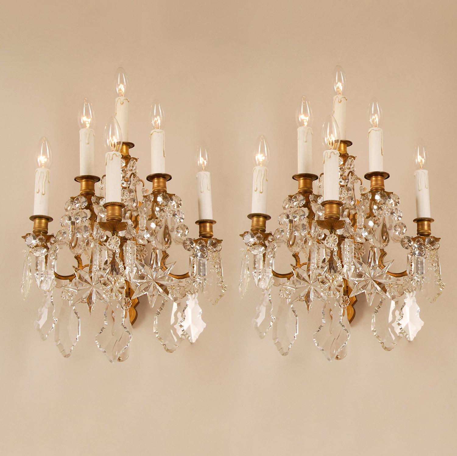 Baccarat Crystal 6 Light Wall Sconces 19th Century Gilt Bronze Antique - a Pair 3