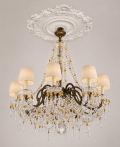 Antique French Crystal and Amber Beaded Chandelier with Eight Lights and Shades