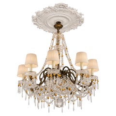 Antique French Crystal and Amber Beaded Chandelier with Eight Lights and Shades