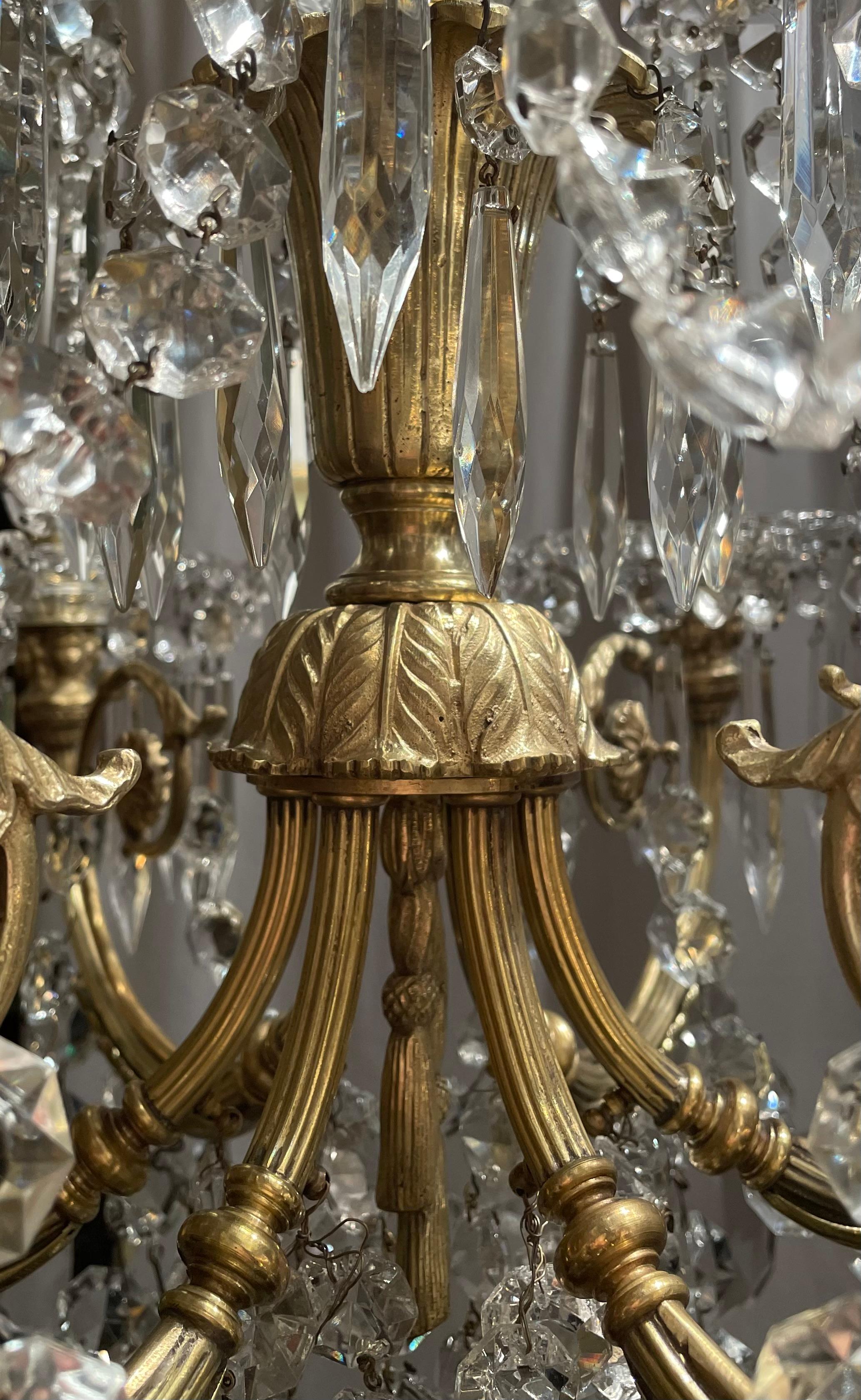 Antique French Crystal and Bronze 6 Light Chandelier, circa 1900. 