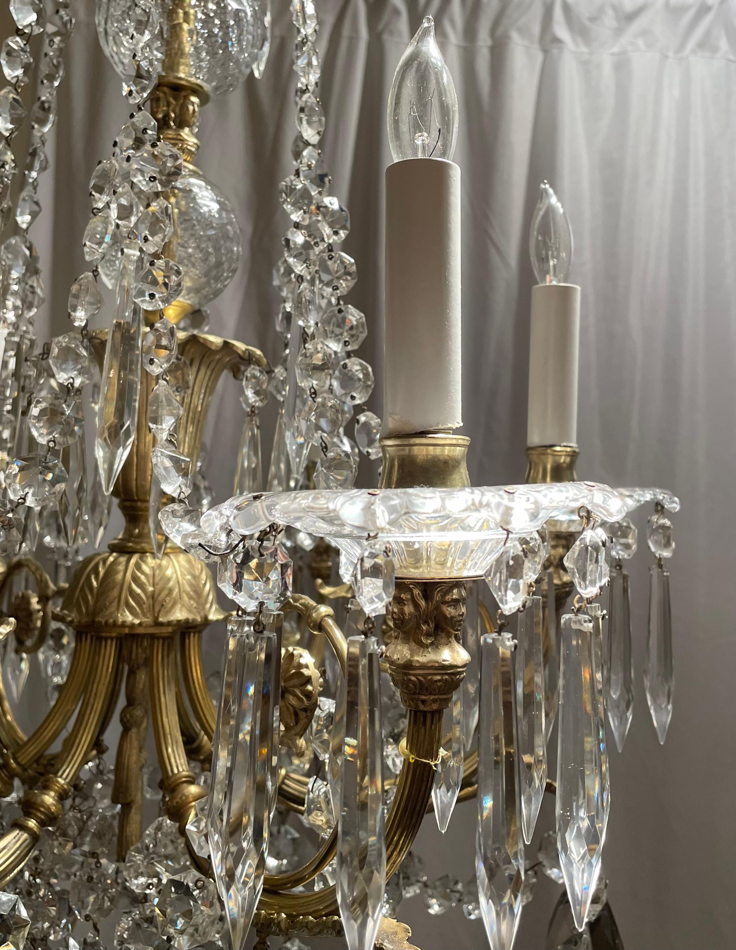 20th Century Antique French Crystal and Bronze 6 Light Chandelier circa 1900 For Sale