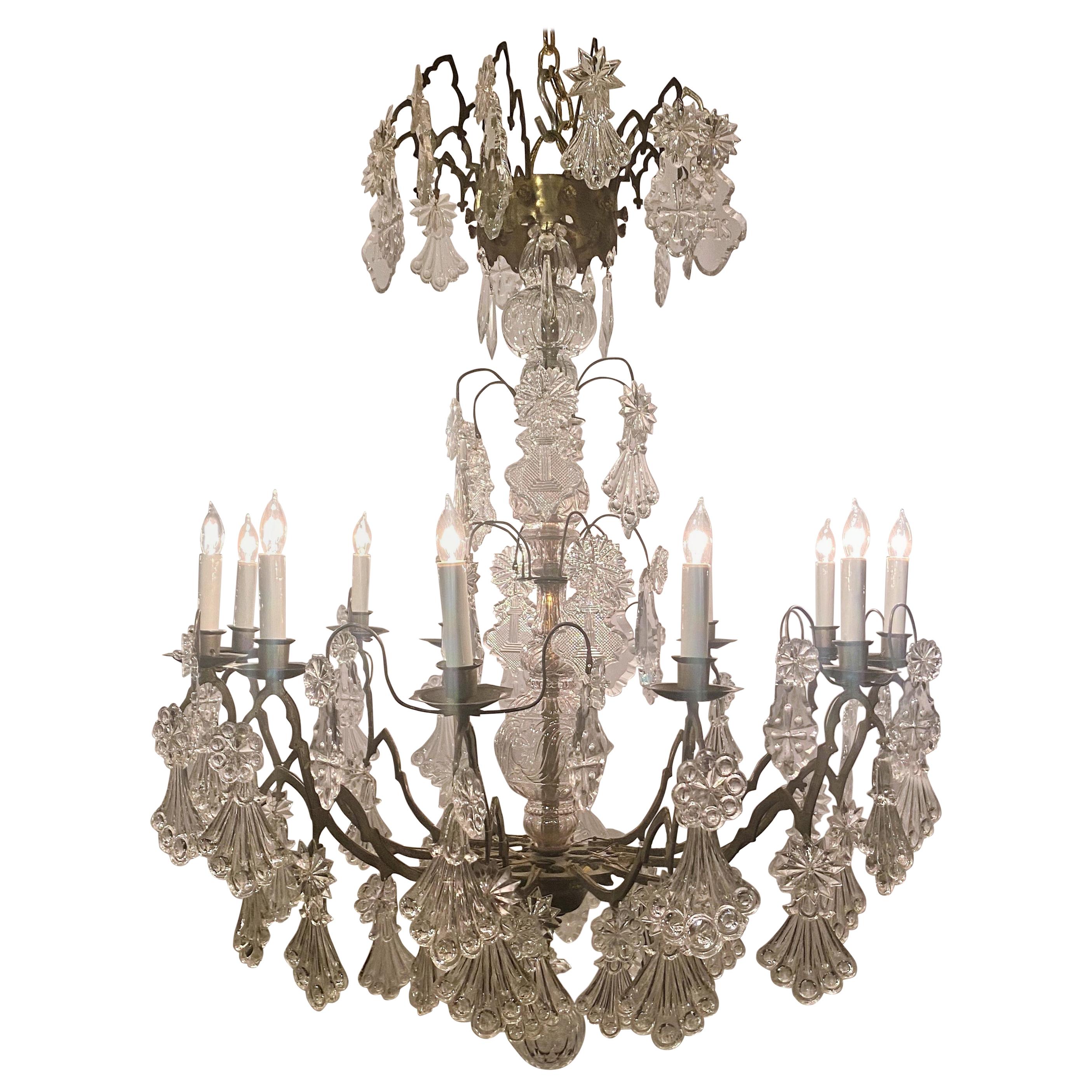 Antique French Crystal and Bronze Chandelier, circa 1880