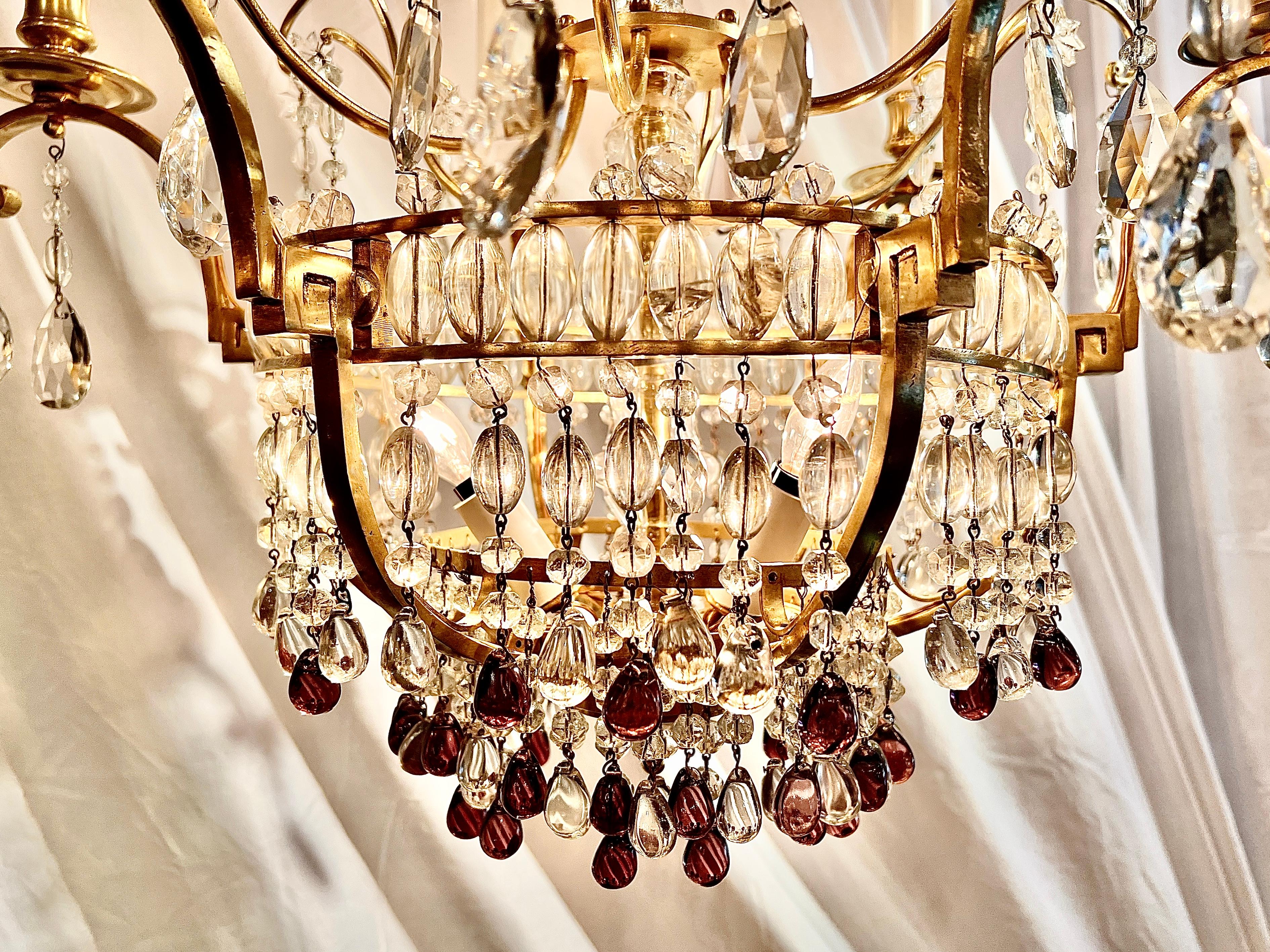 Antique French Clear & Colored Cut Crystal and Gold Bronze Chandelier, Ca. 1890  In Good Condition For Sale In New Orleans, LA