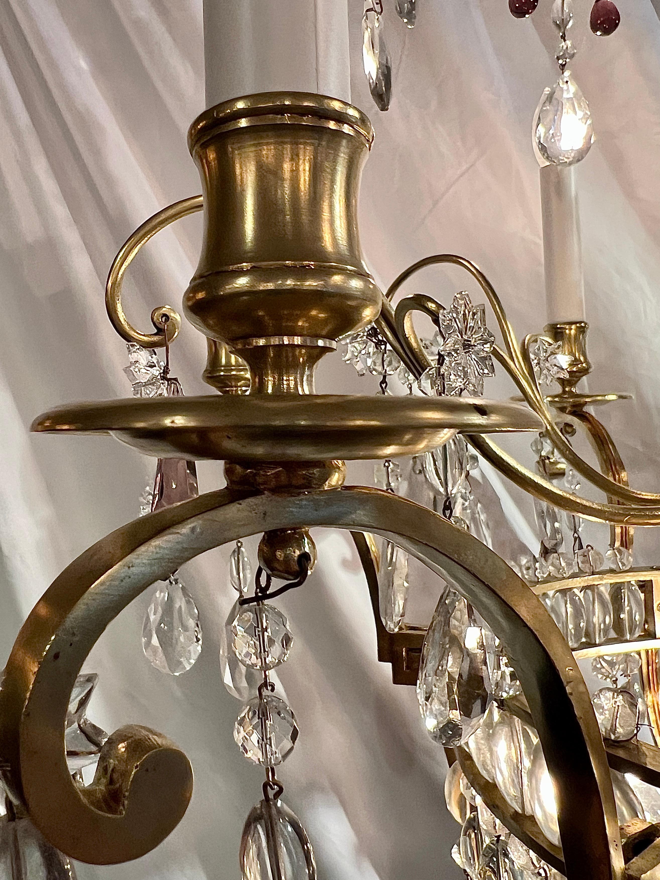 19th Century Antique French Clear & Colored Cut Crystal and Gold Bronze Chandelier, Ca. 1890  For Sale