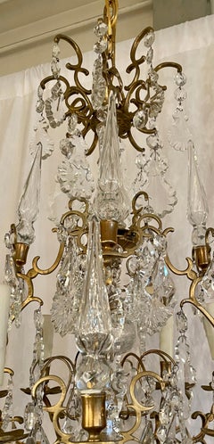 Antique French Crystal and Gold Bronze 8-Light Chandelier.