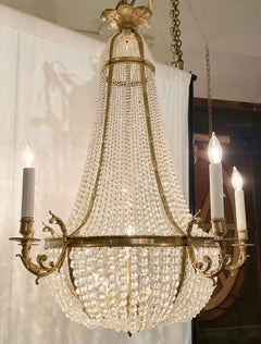 Antique French Crystal and Gold Bronze Basket Chandelier, Circa 1890's.