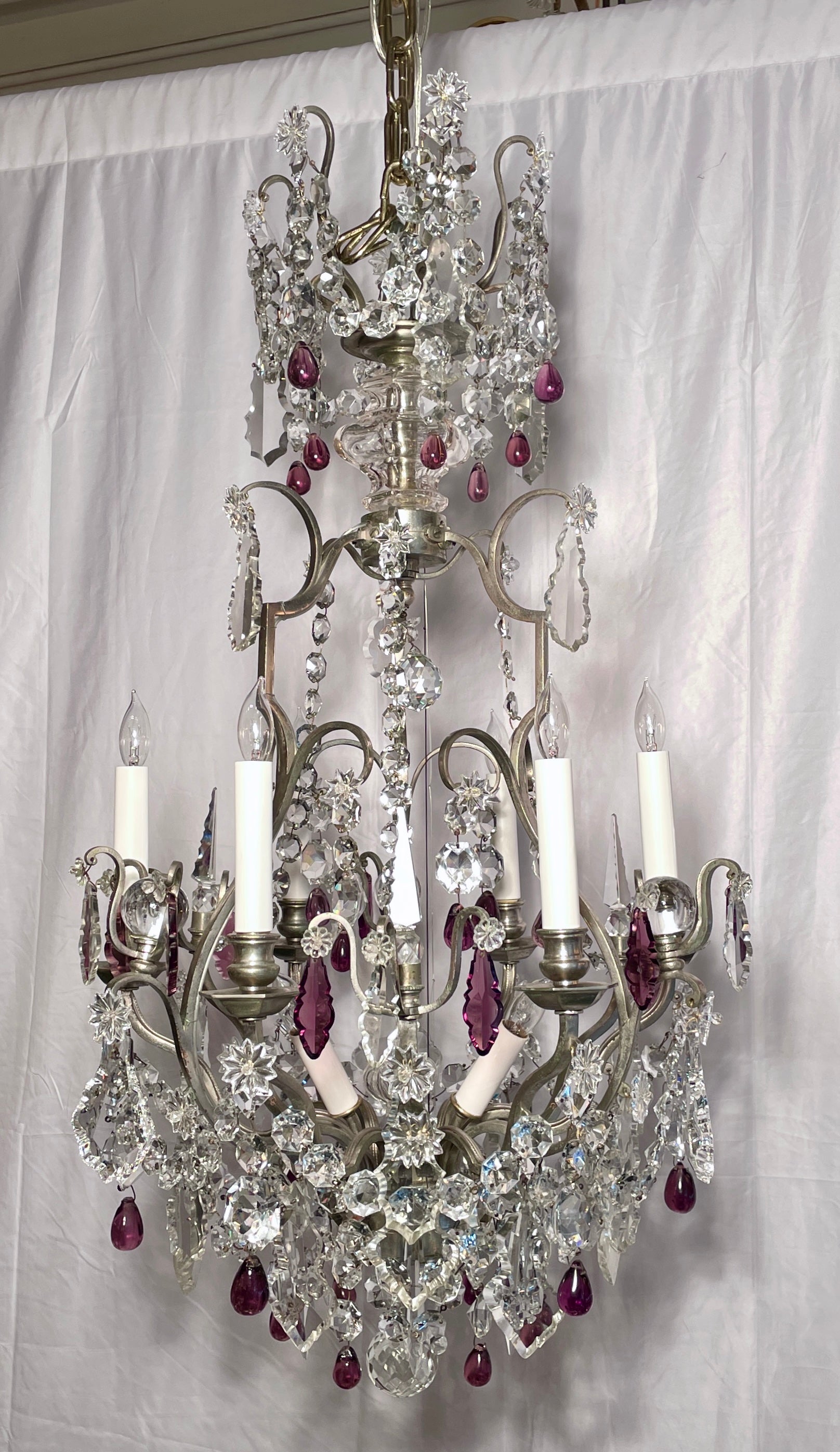 Antique French Crystal and Silver on Bronze 9-Light Chandelier, Circa 1890-1910