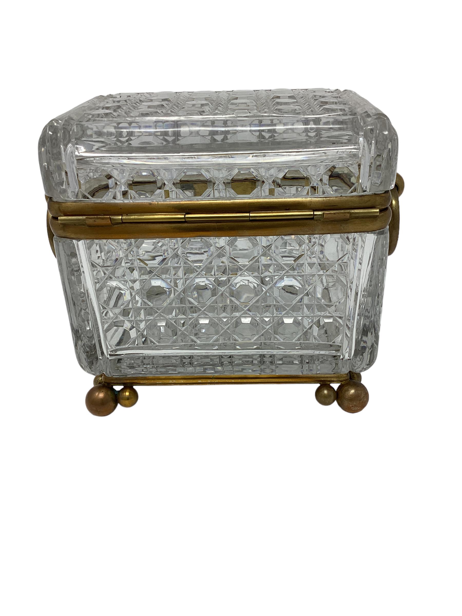 Brass Antique French Crystal Box with Ring Handles  For Sale