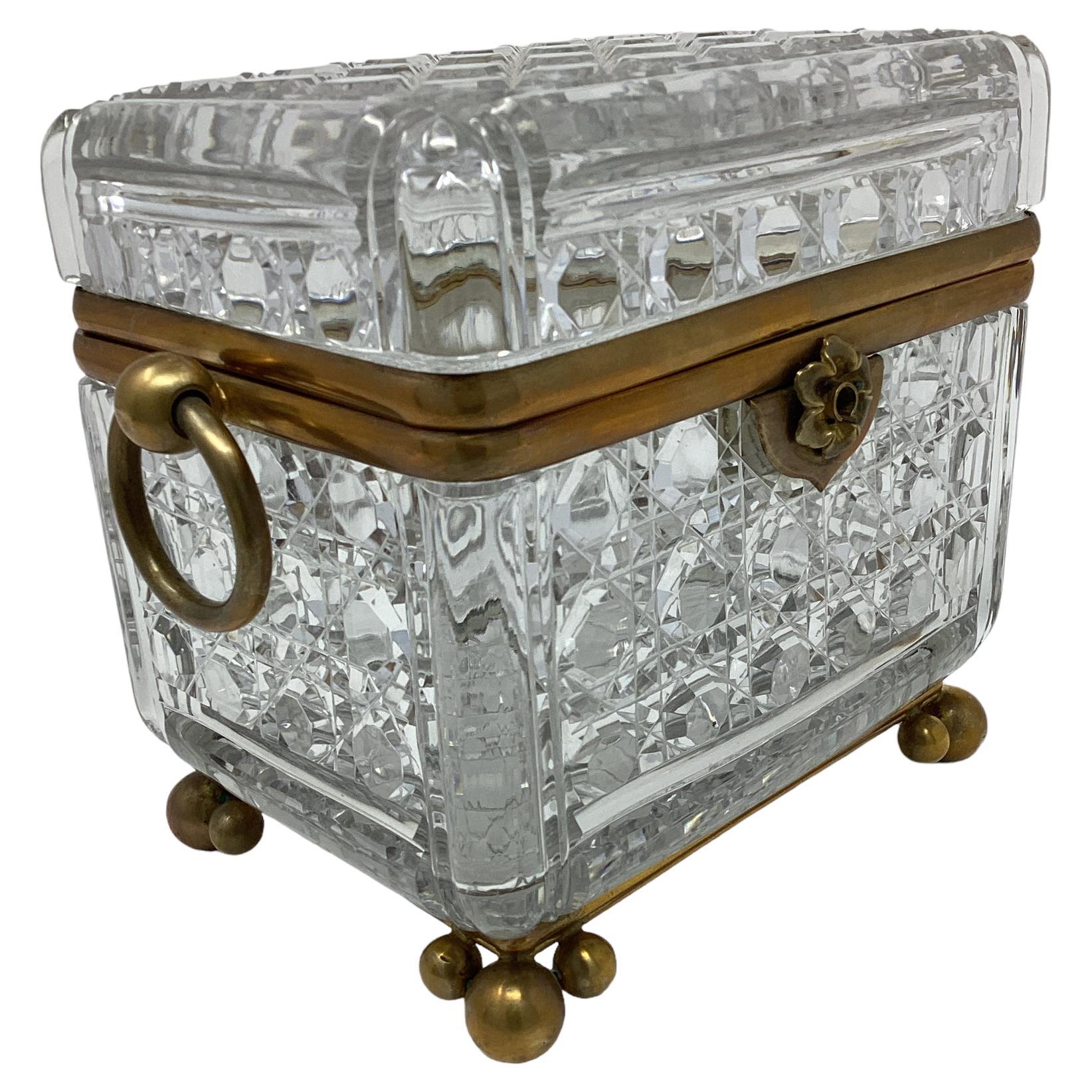 Antique French Crystal Box with Ring Handles  For Sale