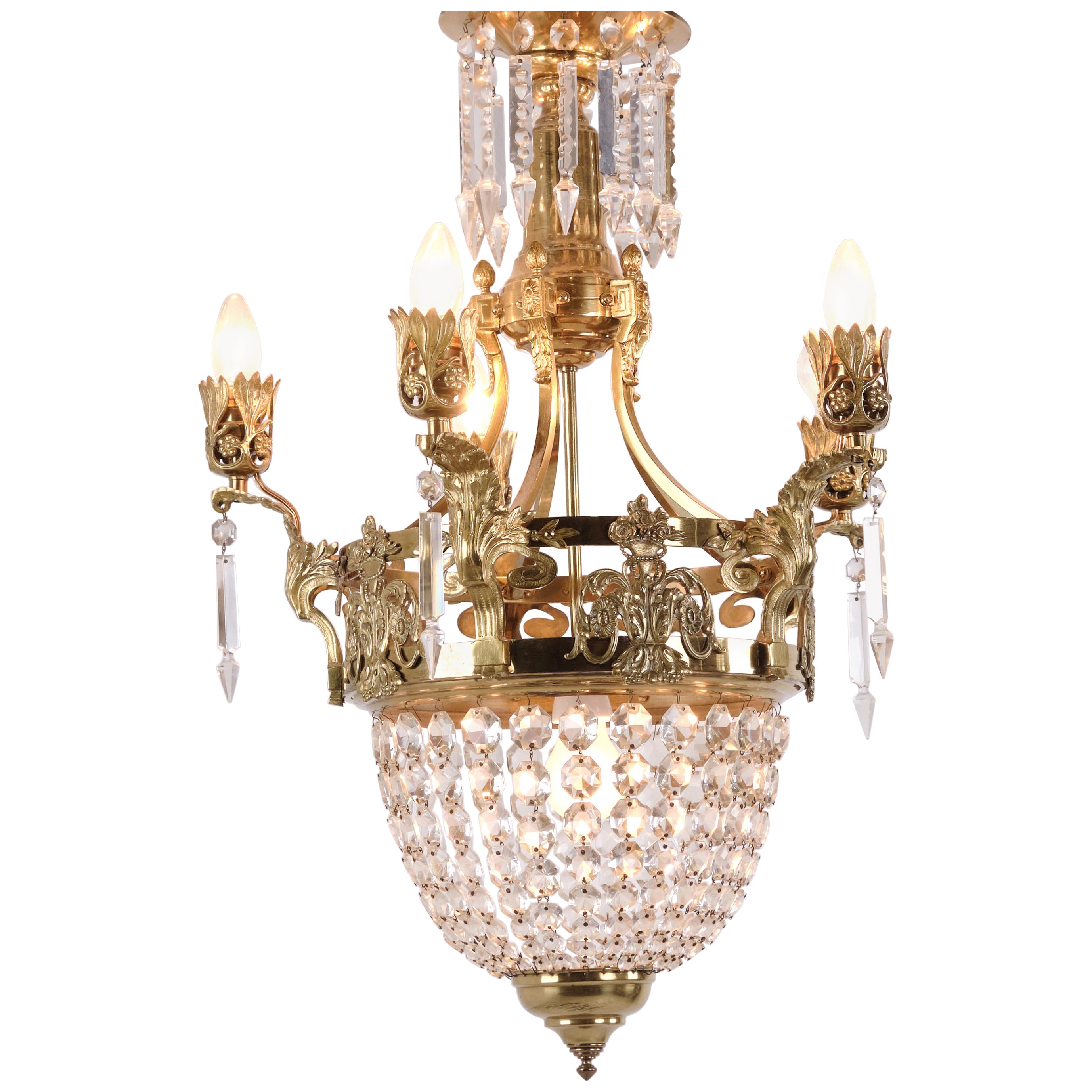 Antique French Crystal Chandelier in Gilt Bronze with Five Arms from 1890