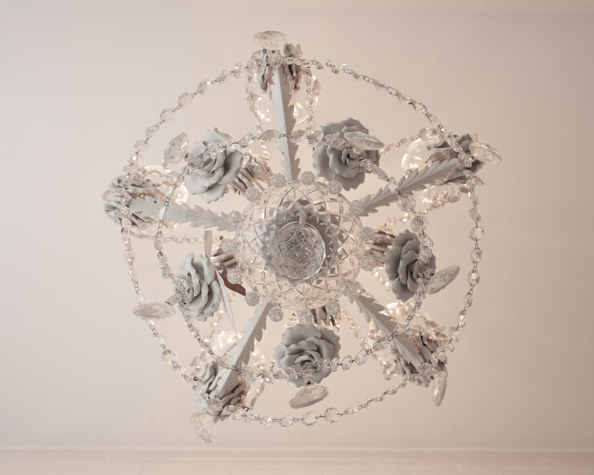 Antique French Crystal Chandelier with White Metal & Glazed White Metal Roses In Good Condition For Sale In Toronto, ON