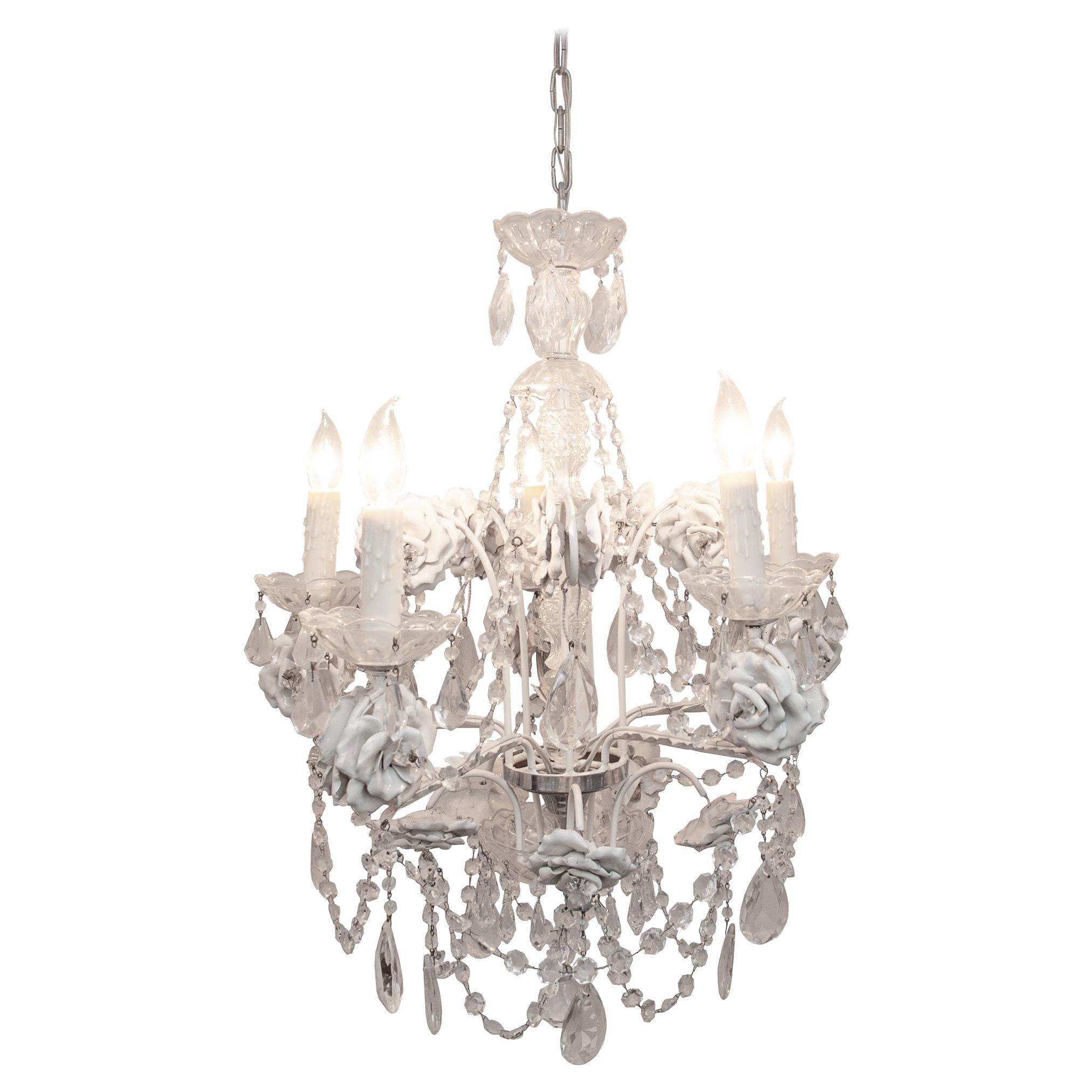 Antique French Crystal Chandelier with White Metal & Glazed White Metal Roses For Sale