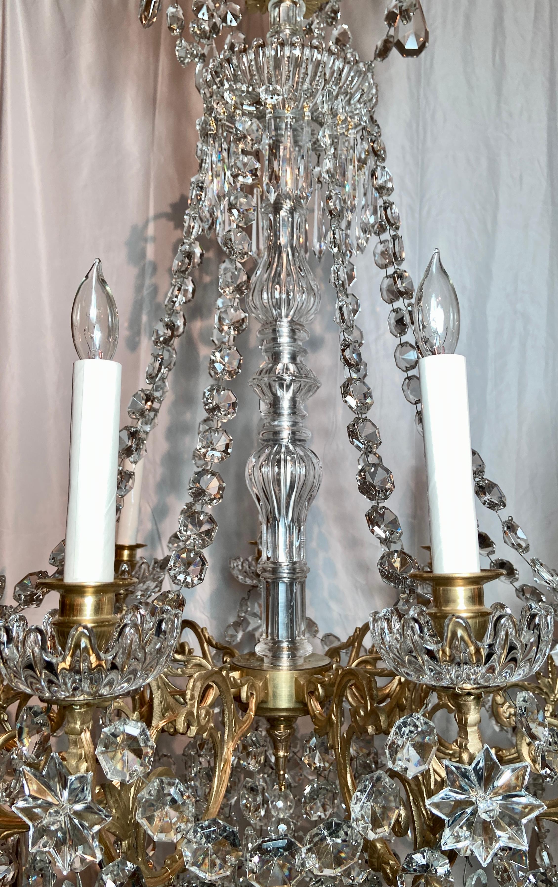 Antique French Crystal & Gold Bronze Chandelier Signed 