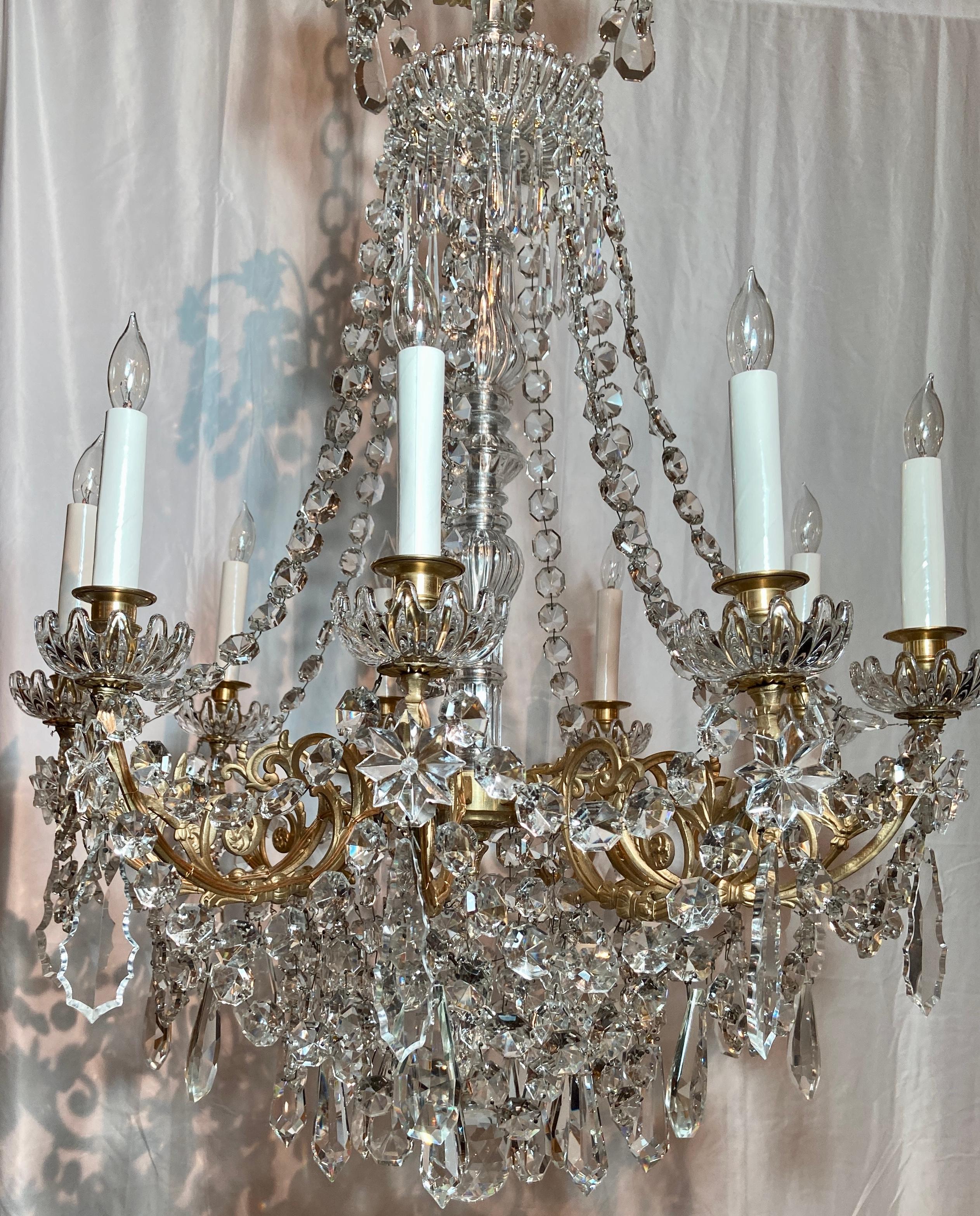 Antique French Crystal & Gold Bronze Chandelier Signed 