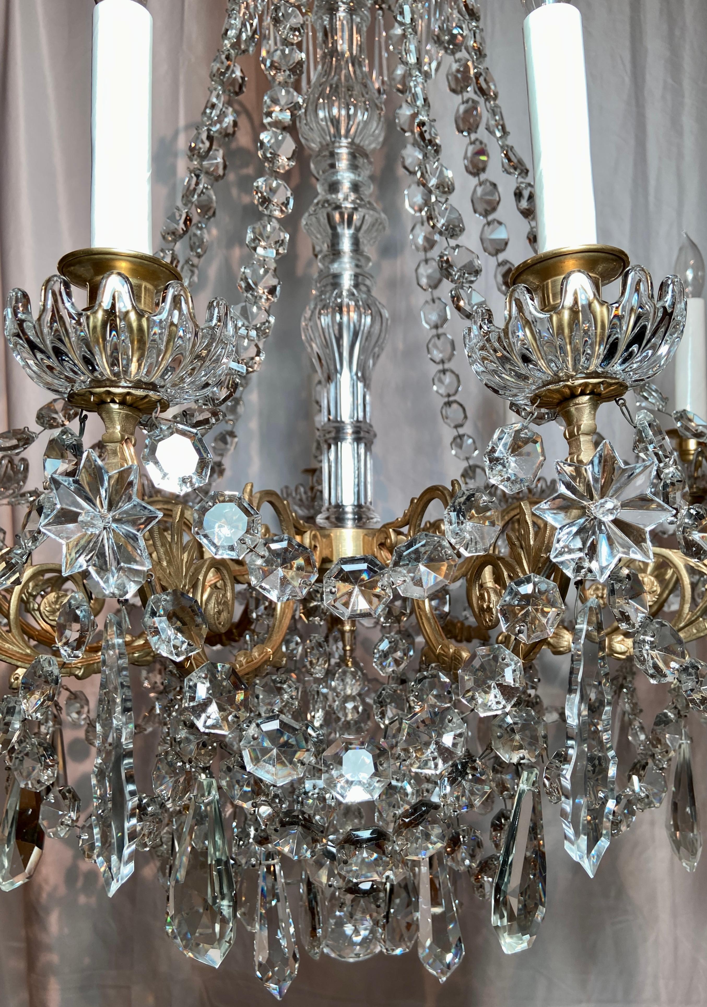 Antique French Crystal & Gold Bronze Chandelier Signed 