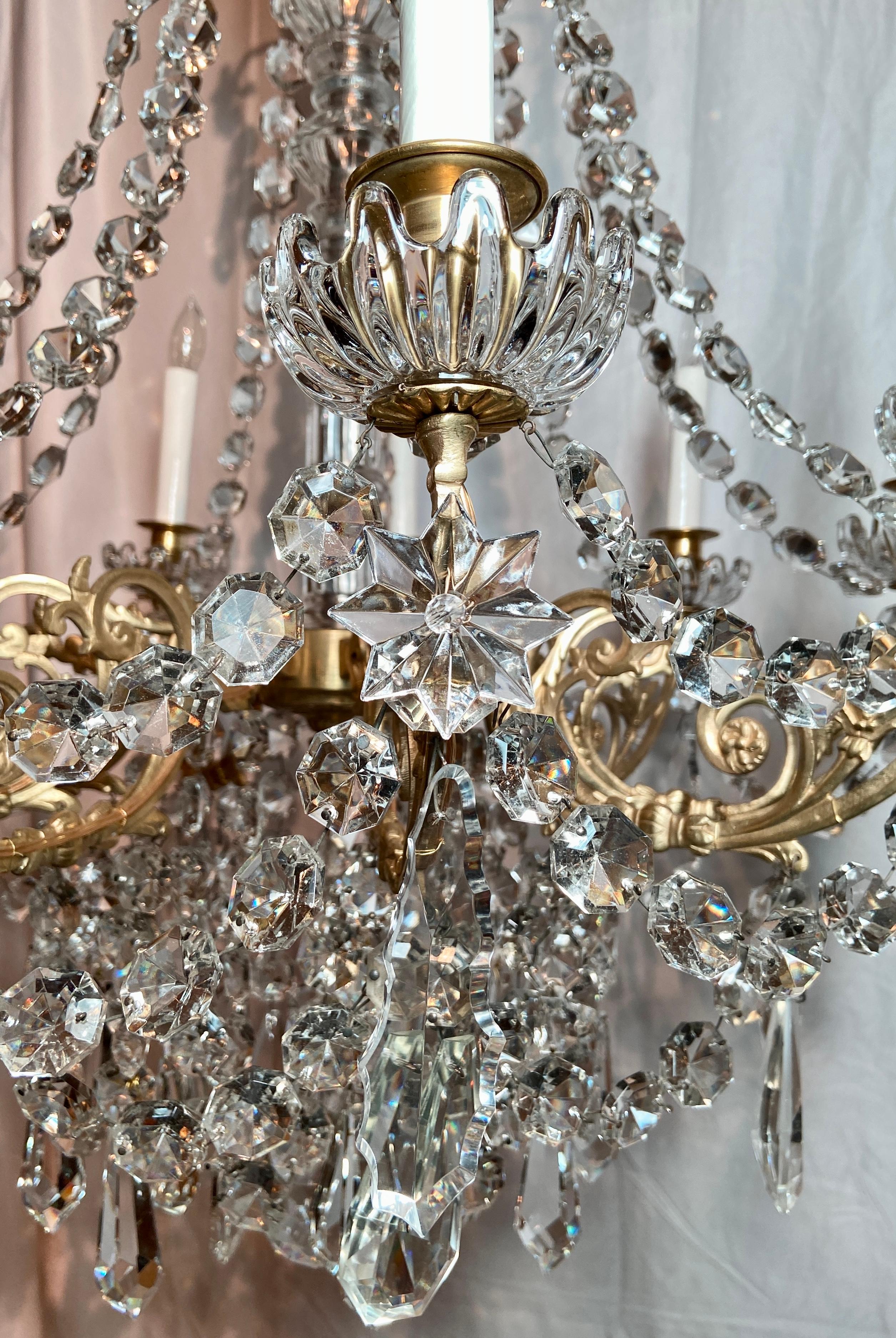 Antique French Crystal & Gold Bronze Chandelier Signed 
