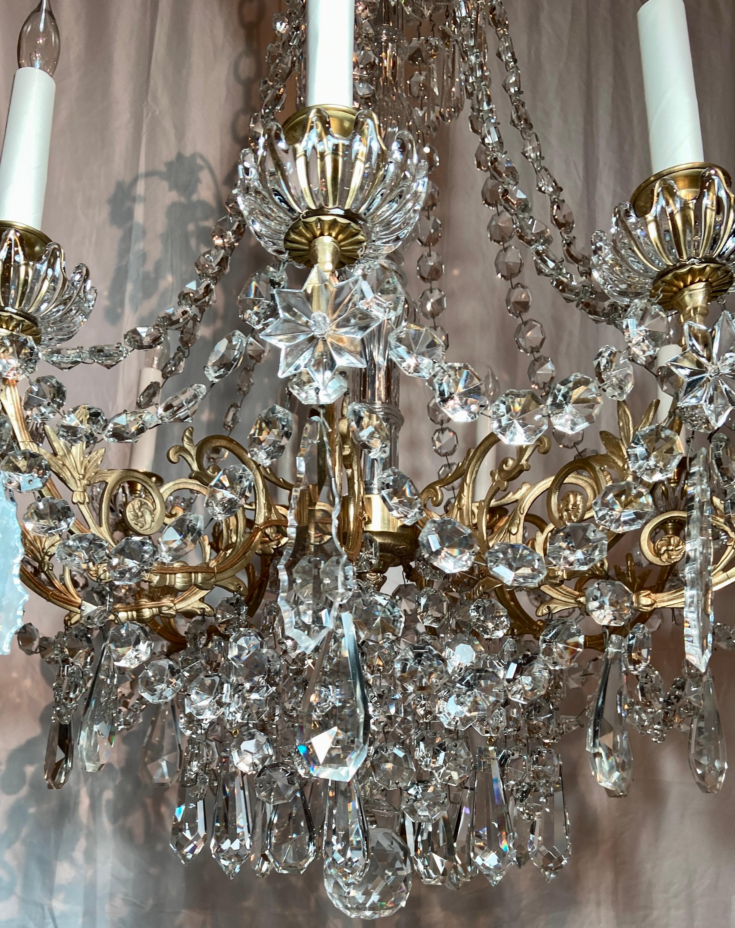 Antique French Crystal & Gold Bronze Chandelier Signed 