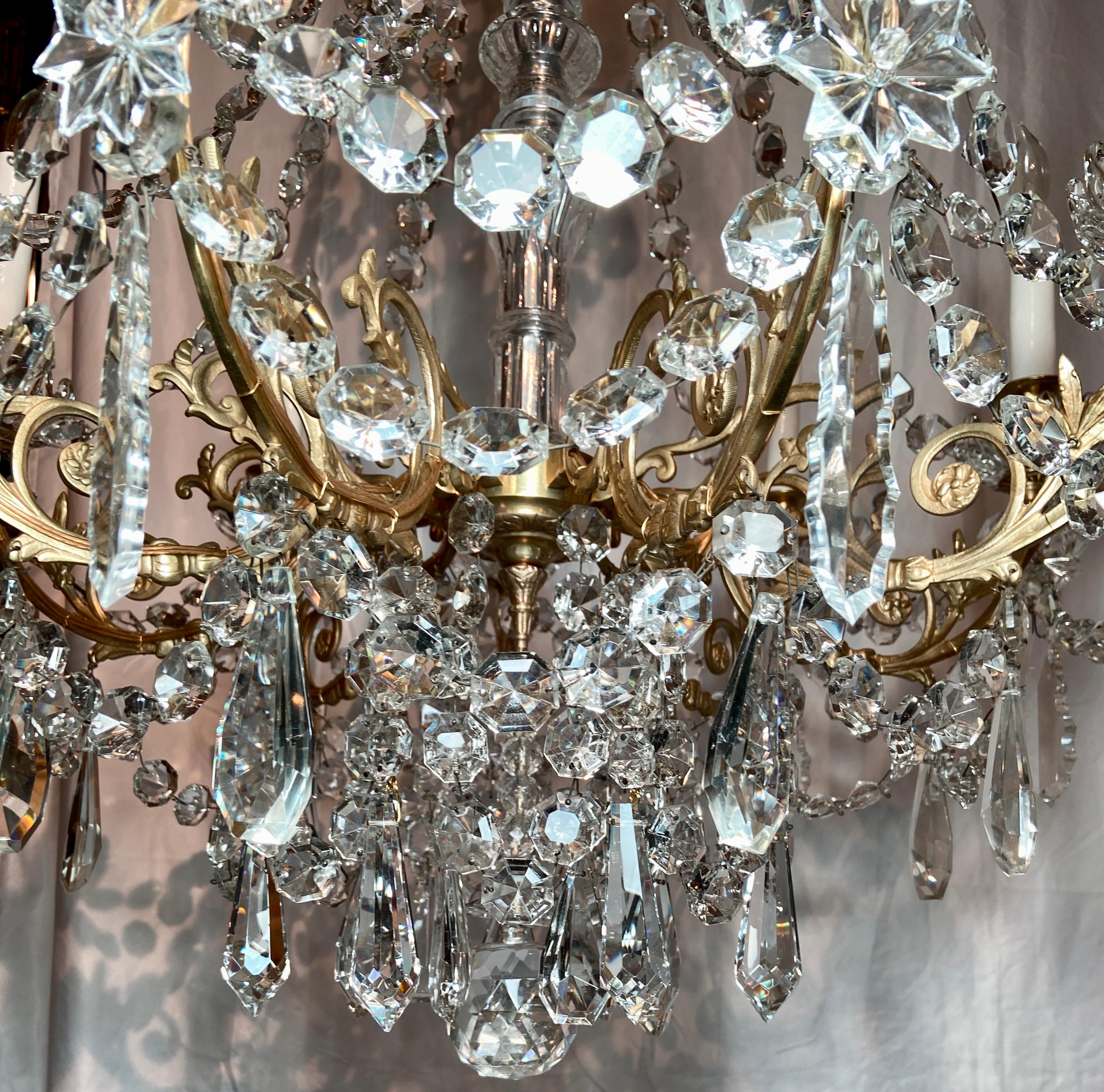 Antique French Crystal & Gold Bronze Chandelier Signed 