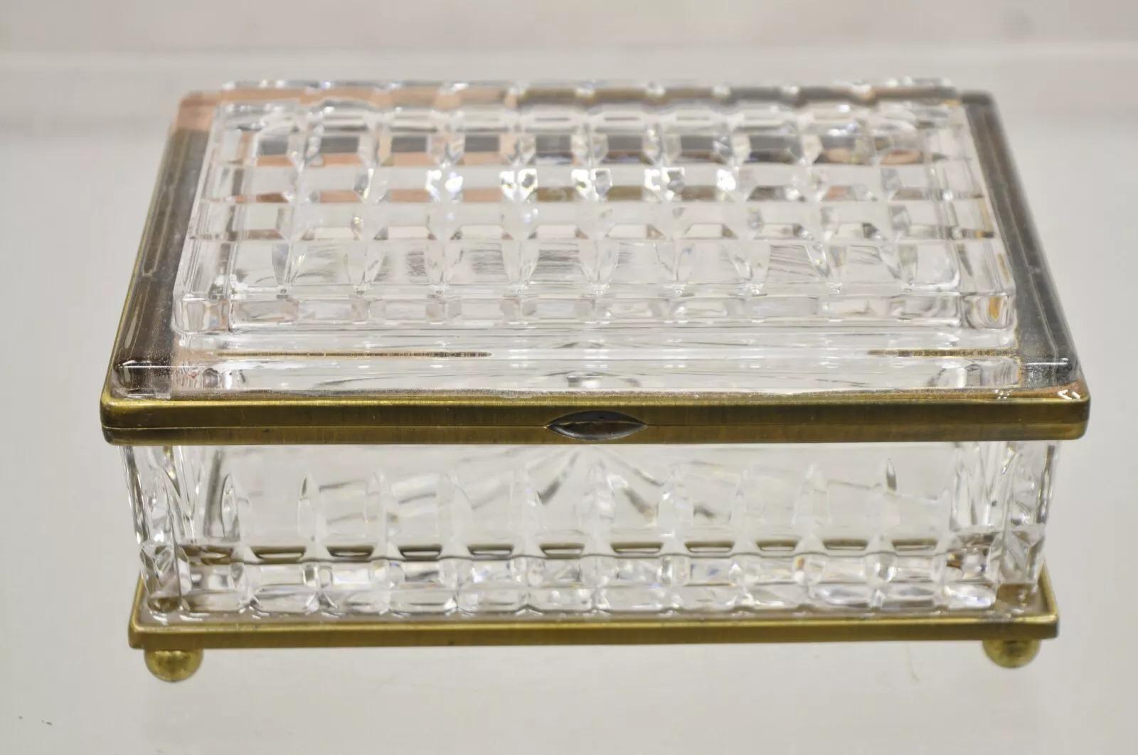 Antique French Crystal Lead Glass Bronze Mounted Vanity Jewelry Box Casket For Sale 5